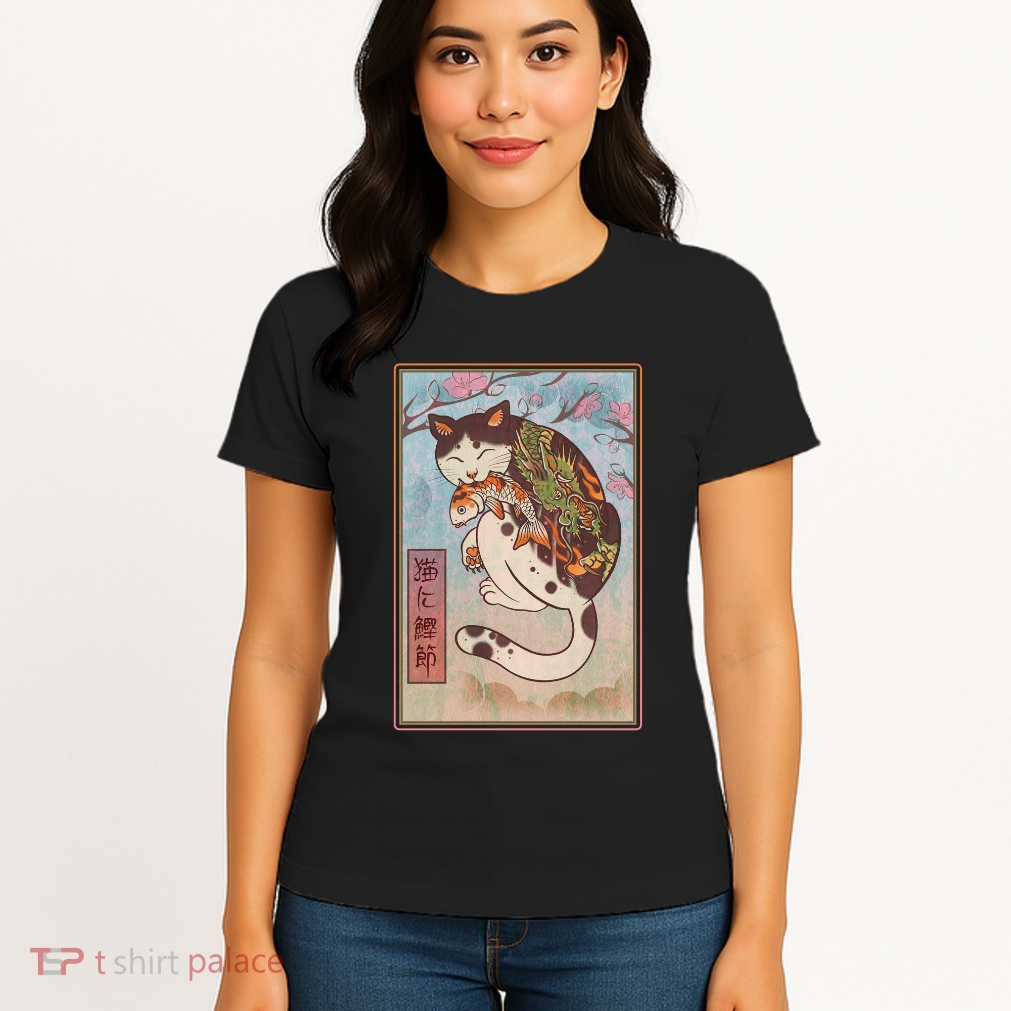 Japanese Woodblock Painting Tattooed Cat with Koi Women's T-Shirt