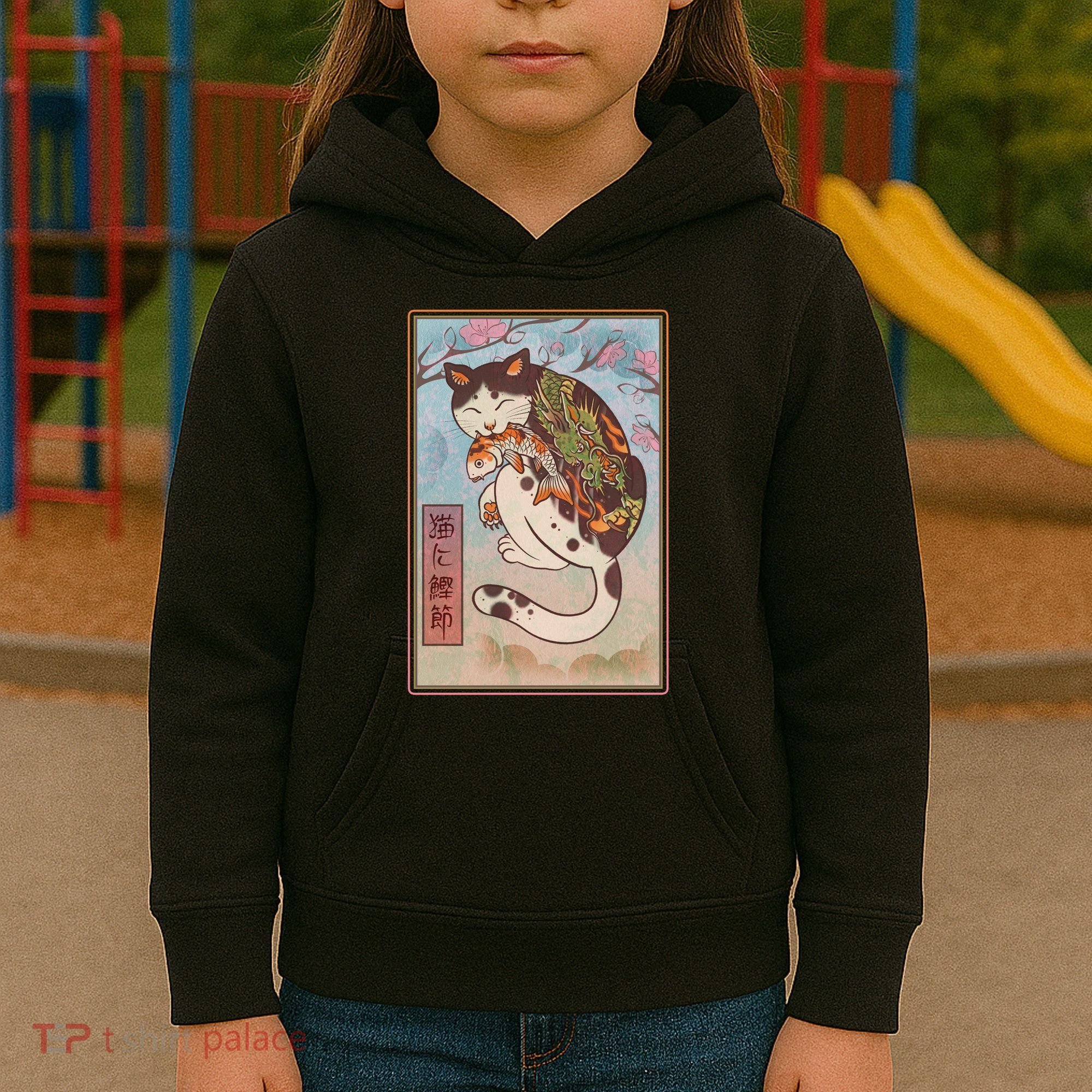 Japanese Woodblock Painting Tattooed Cat with Koi Kids Hoodie
