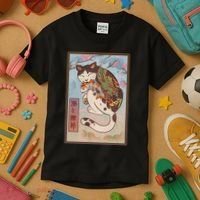 Japanese Woodblock Painting Tattooed Cat with Koi Kids T-Shirt thumb 3