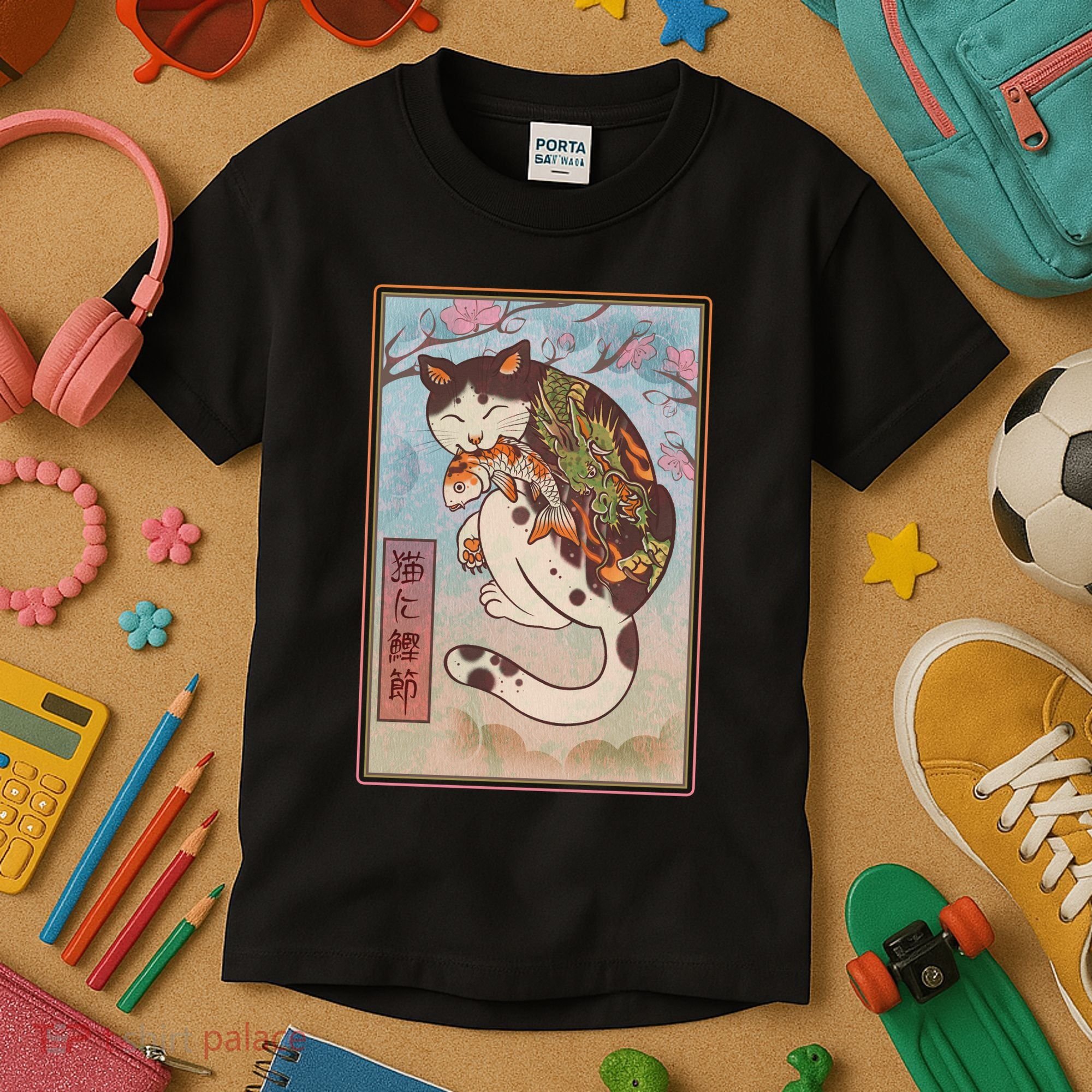 Japanese Woodblock Painting Tattooed Cat with Koi Kids T-Shirt