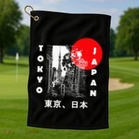 Japan Aesthetic Retro Comic Tokyo Silhouette Japanese Font Golf Towel thumb 1