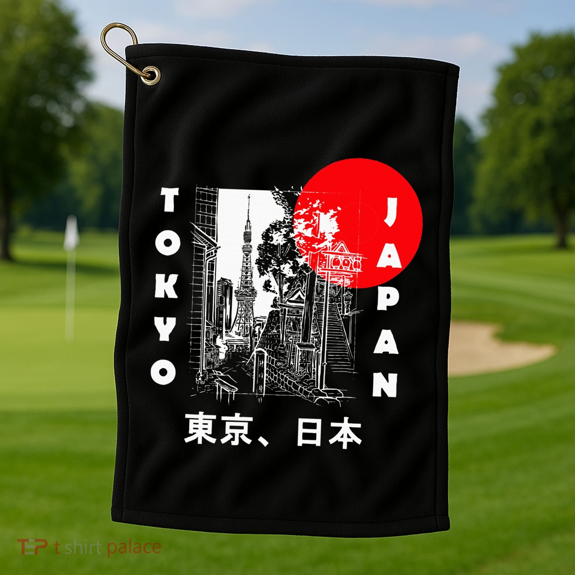 Japan Aesthetic Retro Comic Tokyo Silhouette Japanese Font Golf Towel