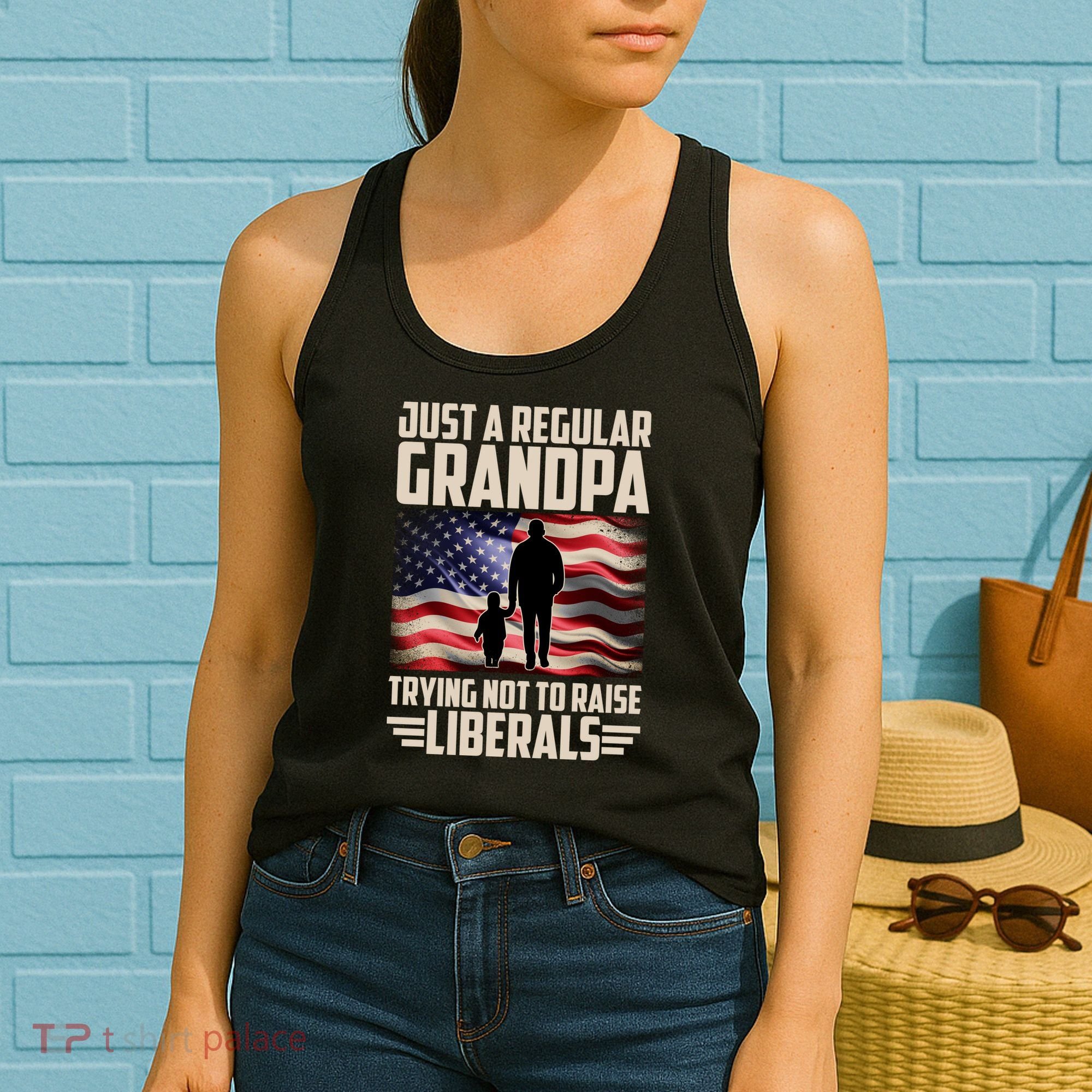 Just A Regular Grandpa Trying Not To Raise Liberals USA American Flag Women's Tank Top