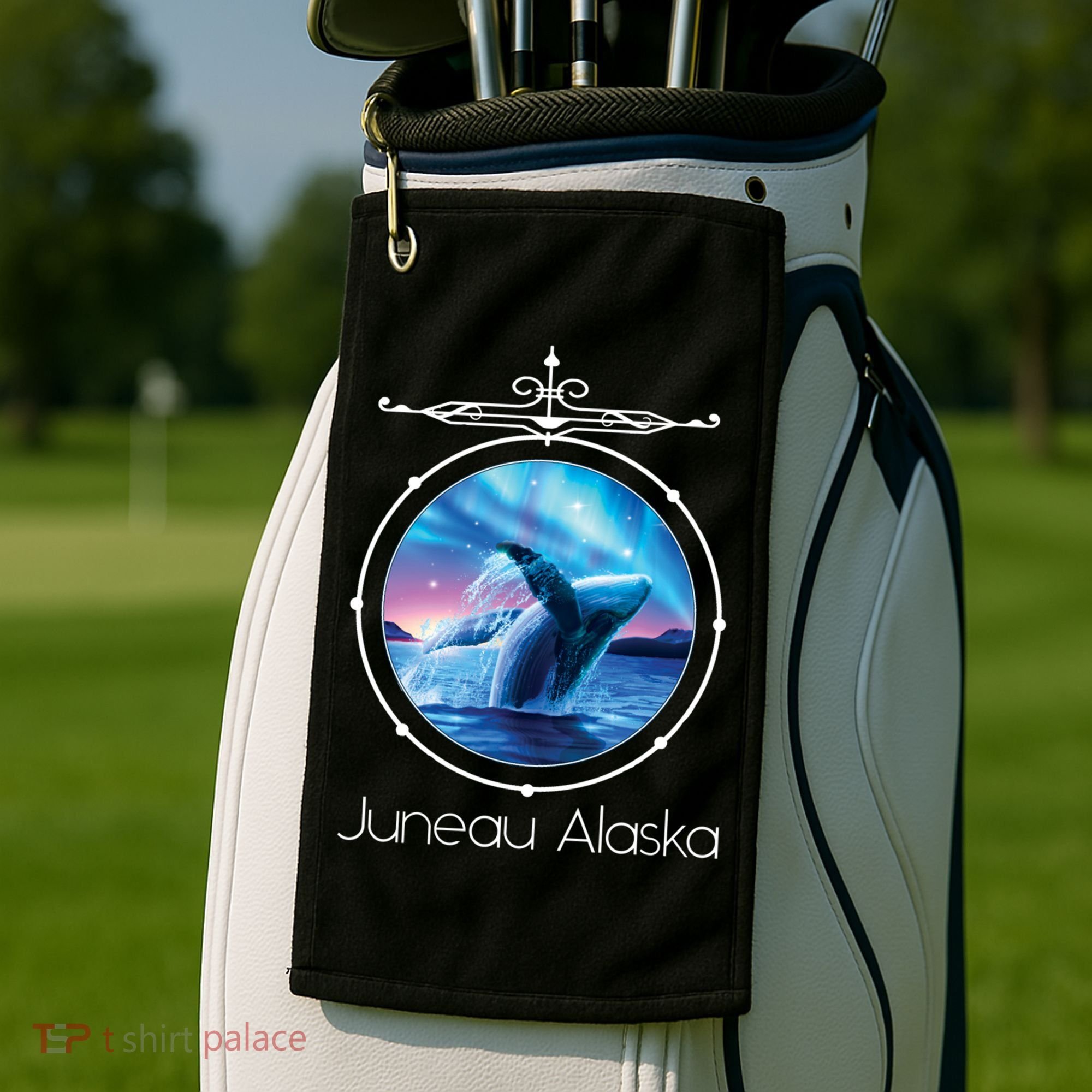 Juneau Alaska Whale Watching Aurora Borealis Souvenir Gift Golf Towel