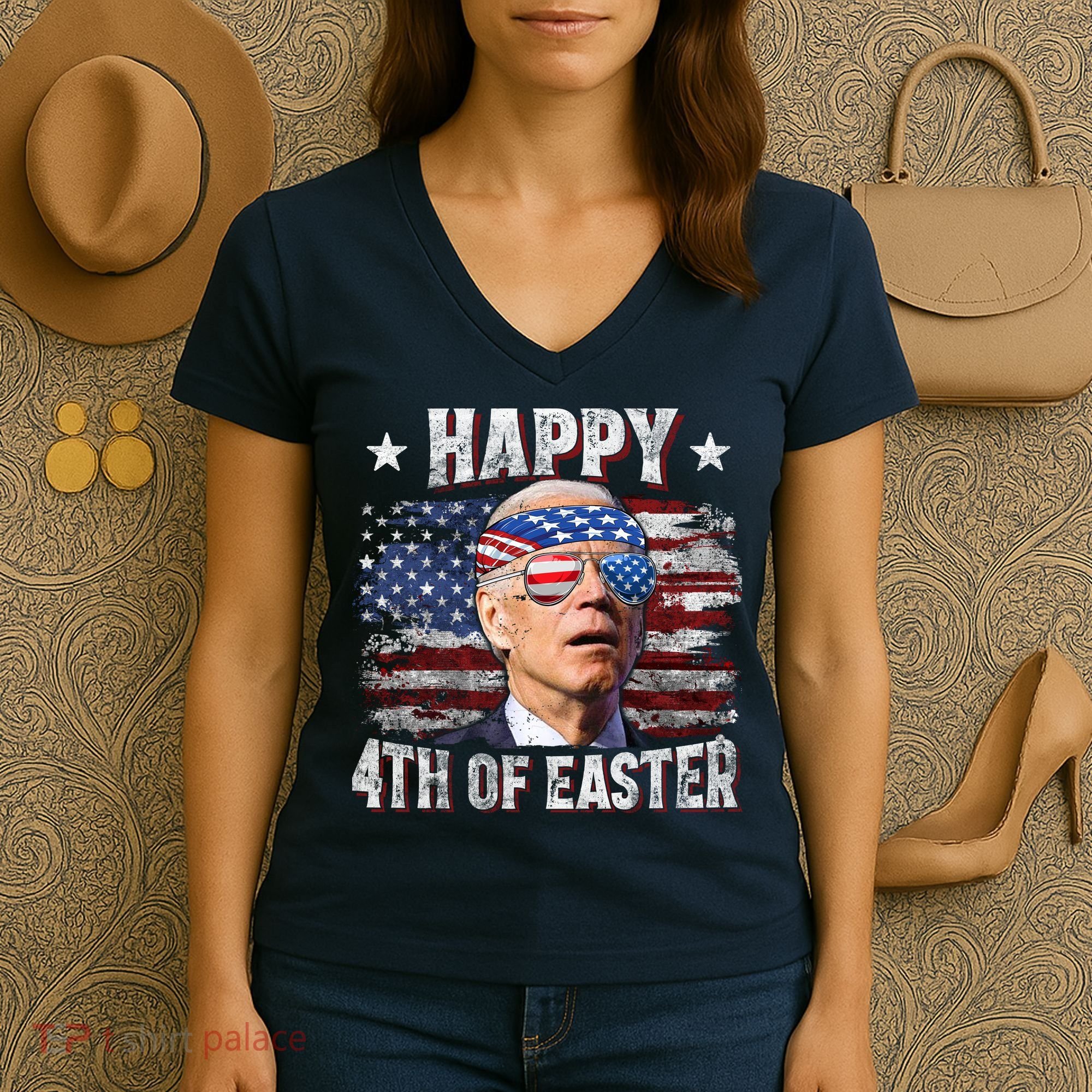Joe Biden 4th Of July Happy 4th Of Easter American US Flag Women's V-Neck T-Shirt