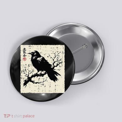 Japanese Bird Black Raven Vintage Crow Art Button