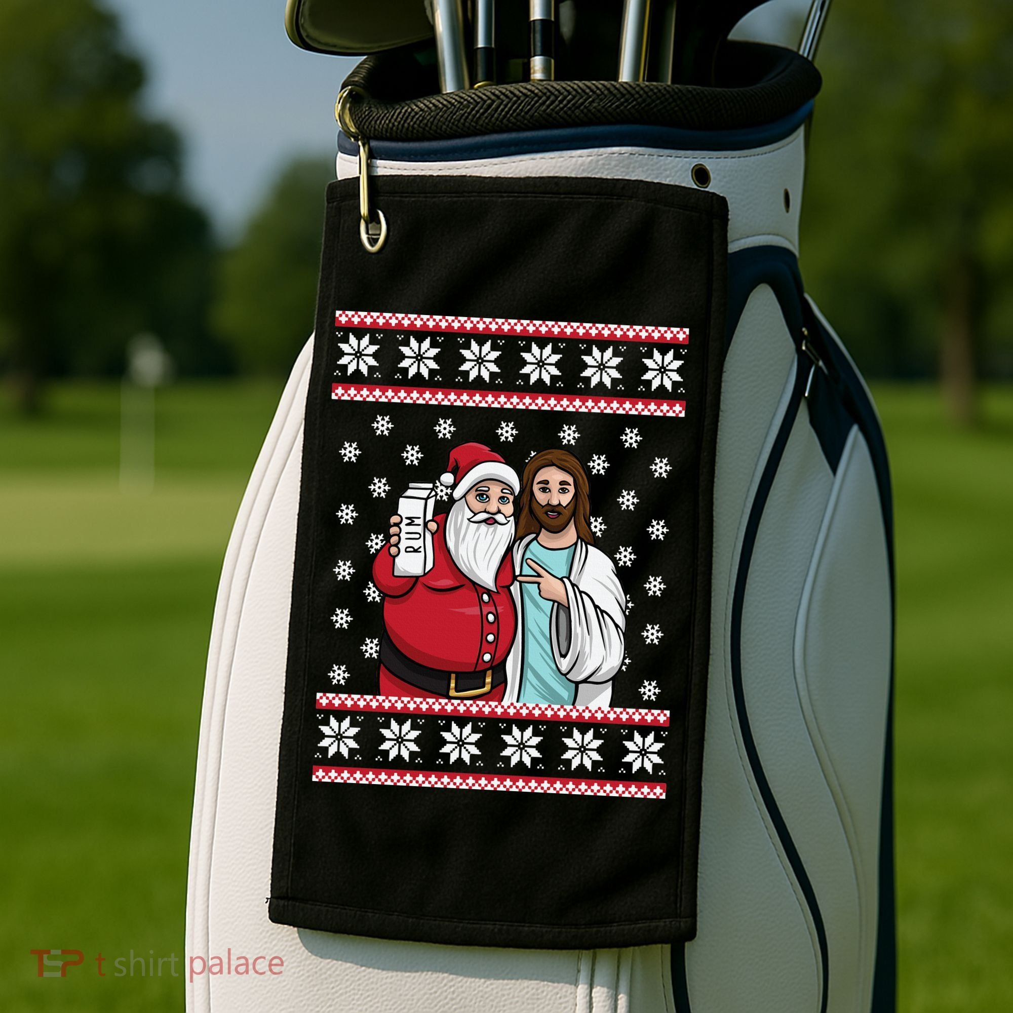 Jingle Bros Christmas Drinking Party Santa Jesus Rum Lovers Golf Towel