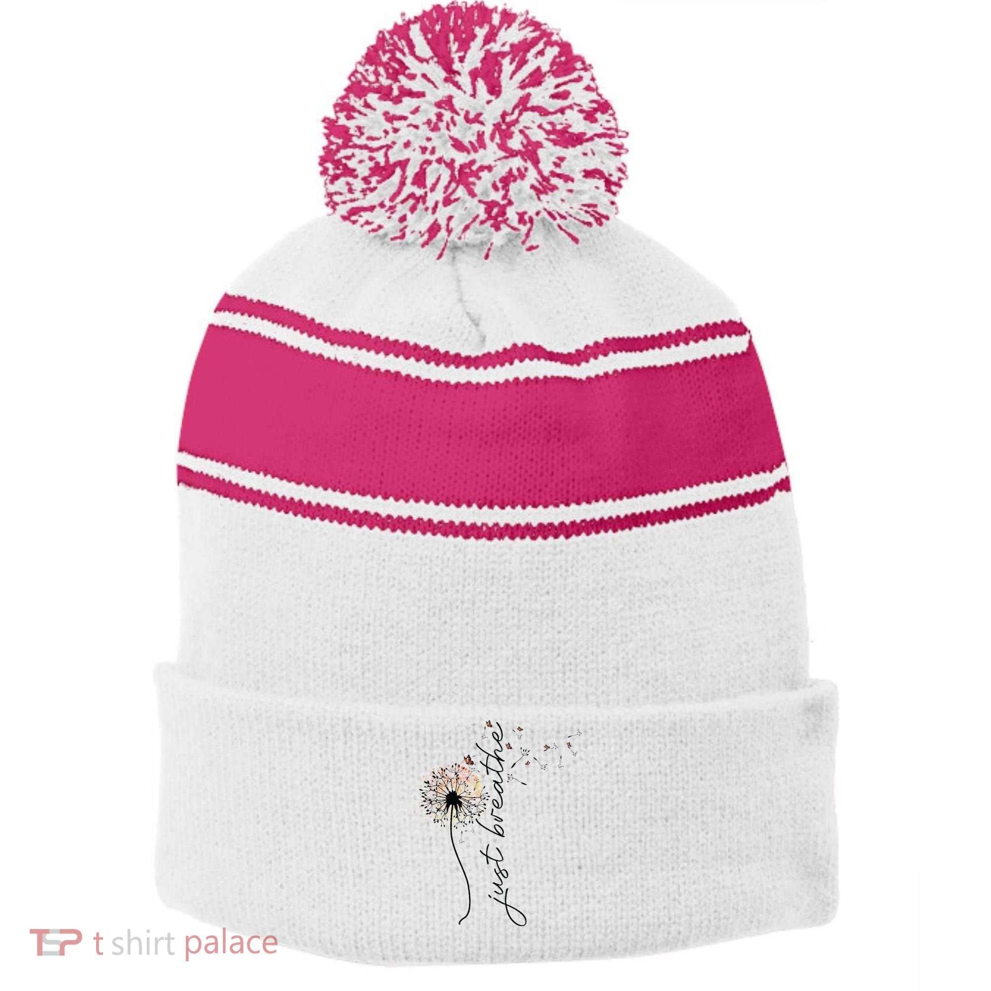 Just Breathe Dandelion And Buterflies Summer Top Stripe Pom Pom Beanie