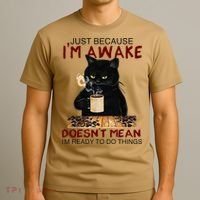 Just Because Im Awake Funny Coffee Cat Lover Women T-Shirt thumb 3