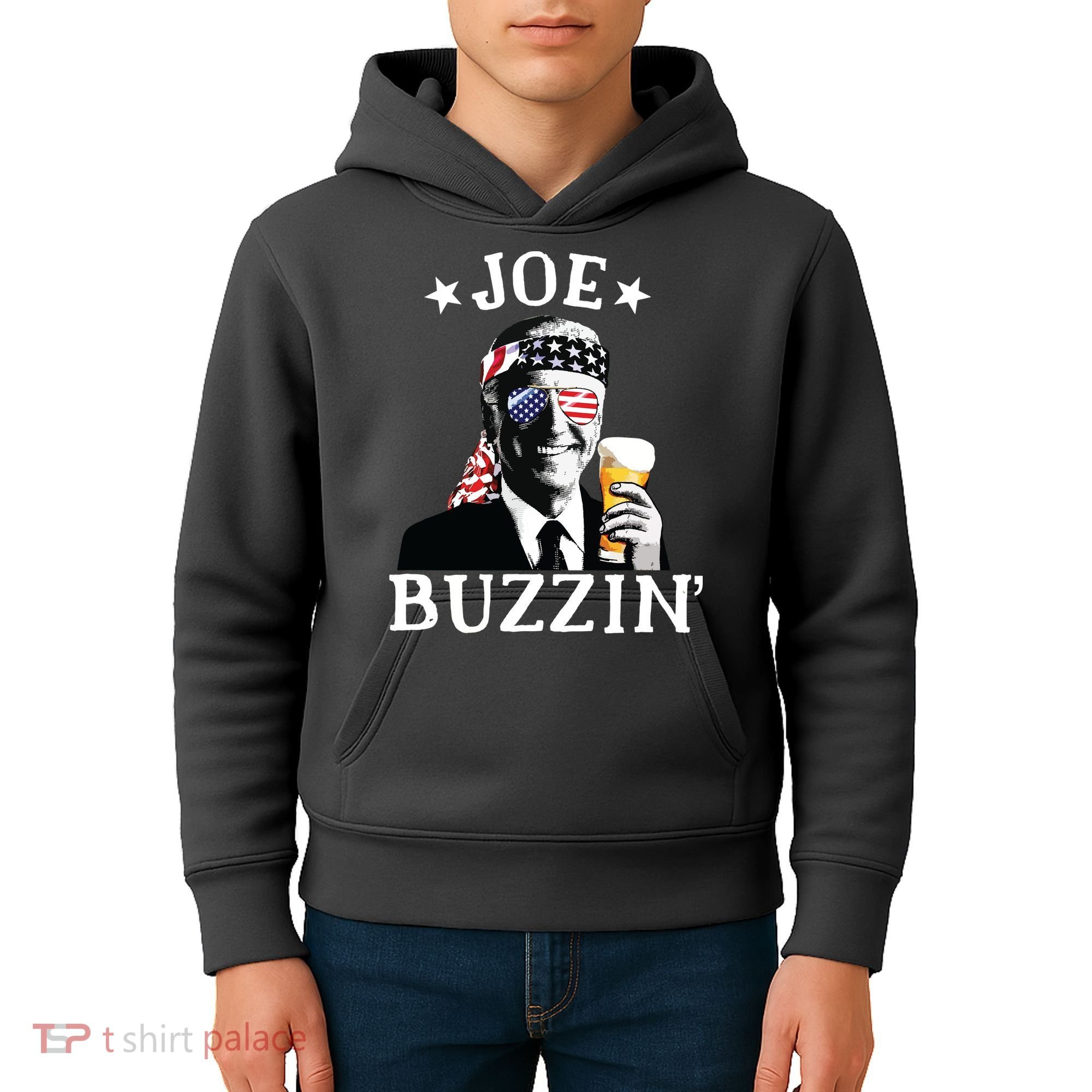 Joe Buzzin Patriotic July 4th Drinking President Joe Biden Kids Hoodie