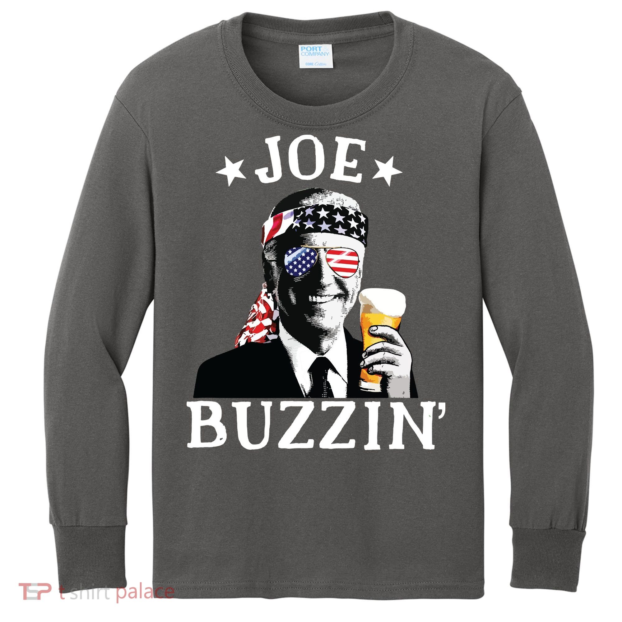 Joe Buzzin Patriotic July 4th Drinking President Joe Biden Kids Long Sleeve Shirt