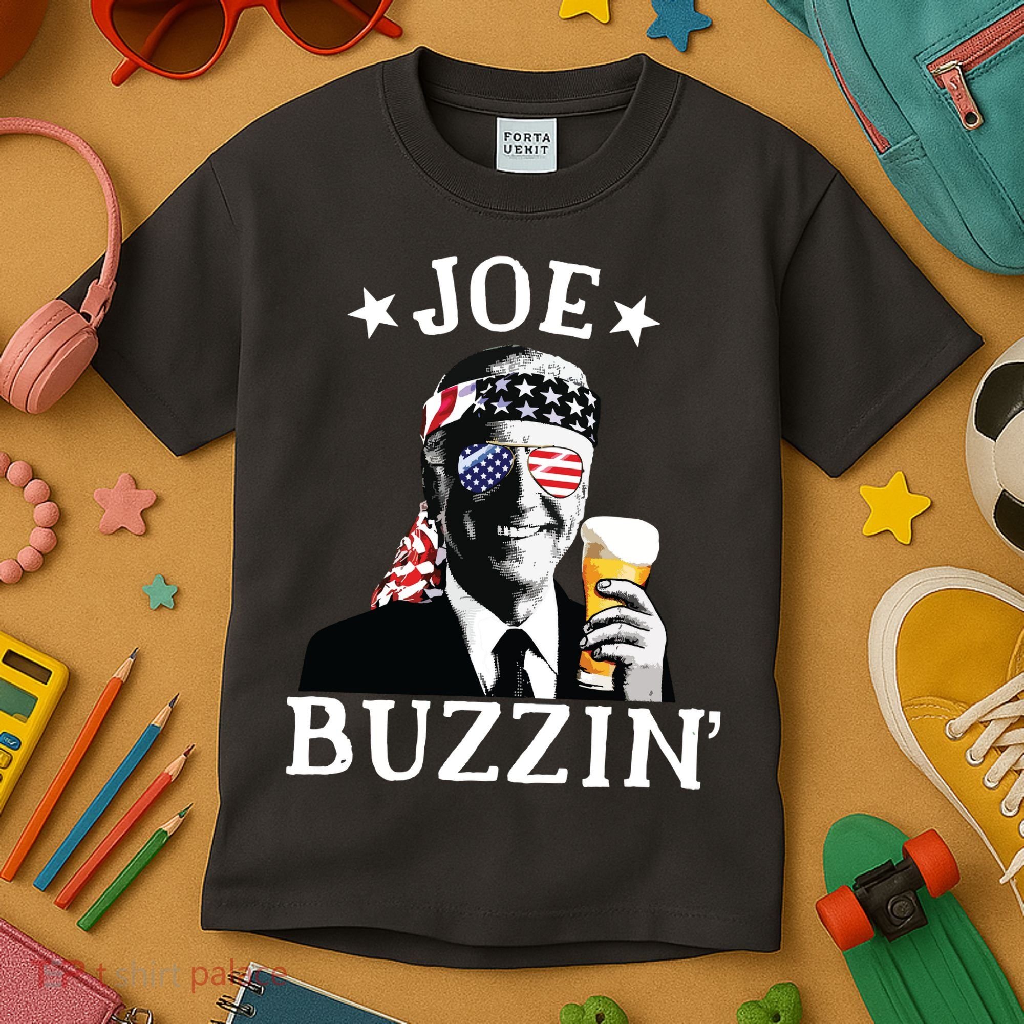 Joe Buzzin Patriotic July 4th Drinking President Joe Biden Kids T-Shirt