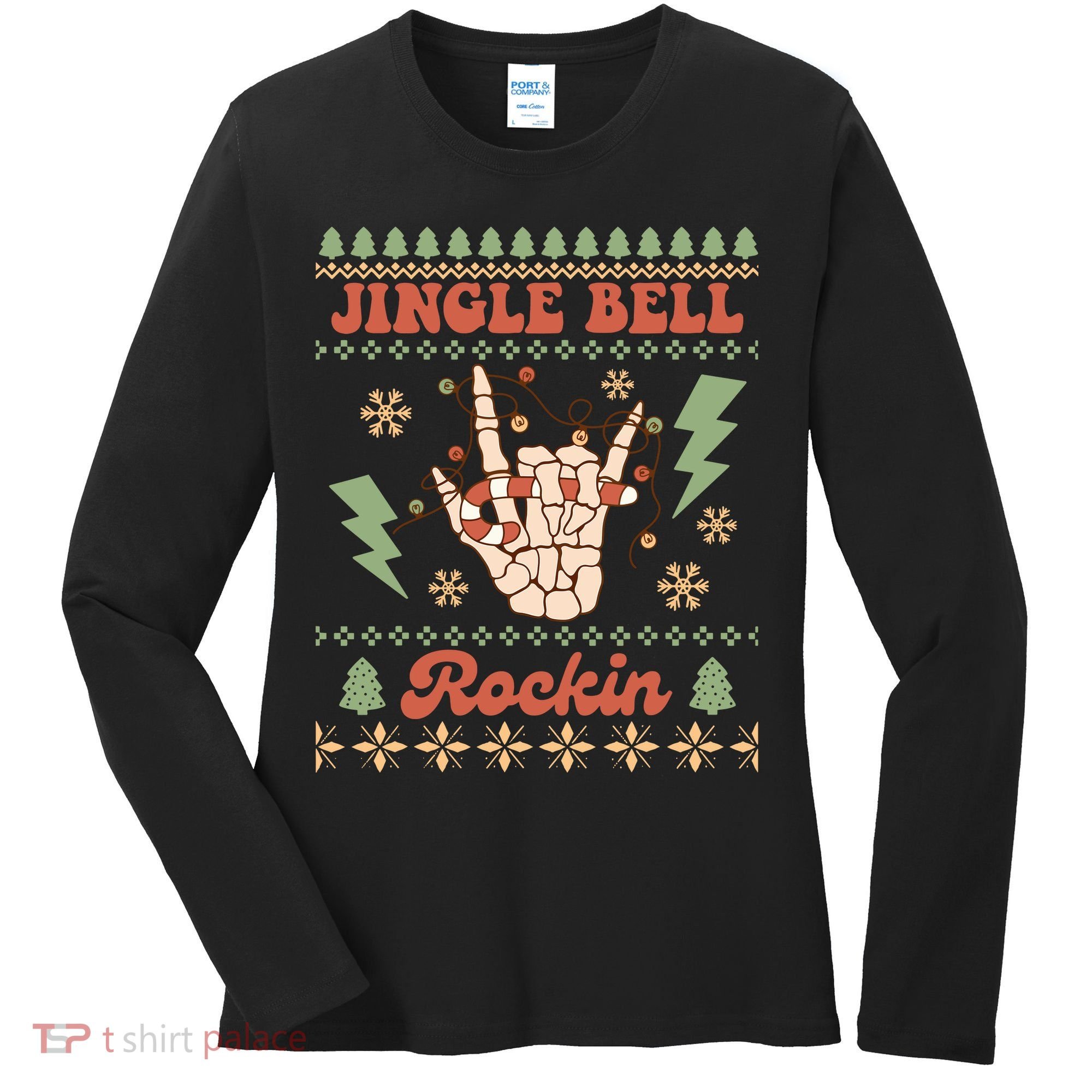Jingle Bell Rockin Skeleton Hand Ugly Christmas Women's Long Sleeve Shirt