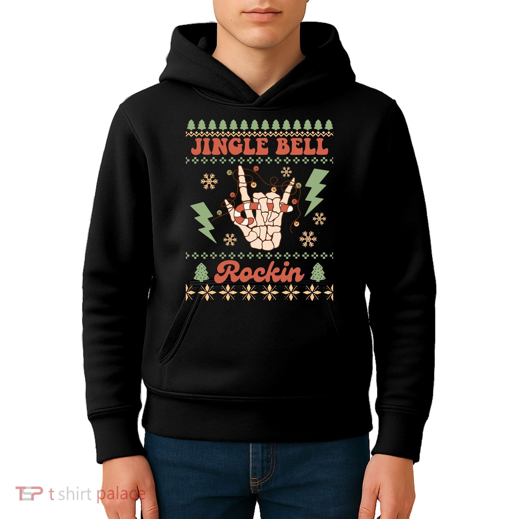 Jingle Bell Rockin Skeleton Hand Ugly Christmas Kids Hoodie