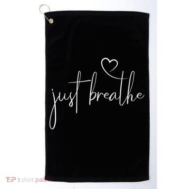 Just Breathe Simple Hand Lettered Calligraphy With A Heart Golf Towel
