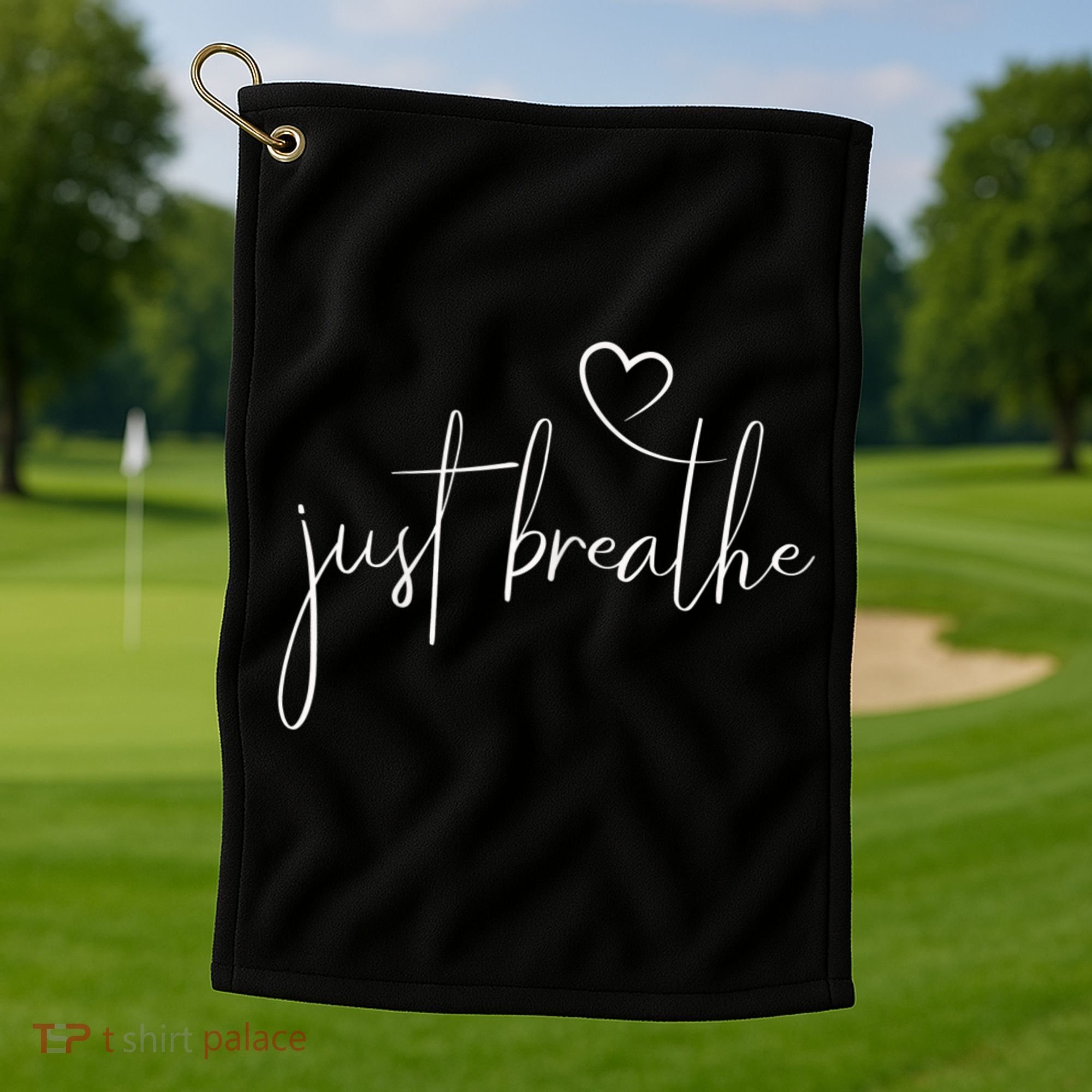 Just Breathe Simple Hand Lettered Calligraphy With A Heart Golf Towel