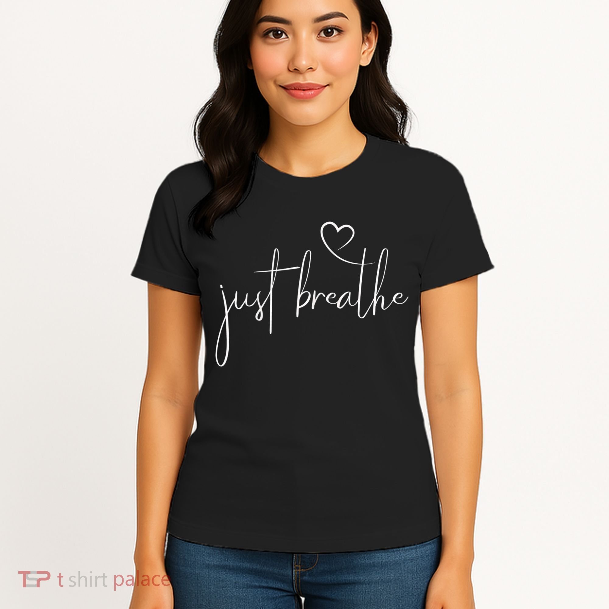 Just Breathe Simple Hand Lettered Calligraphy With A Heart Women's T-Shirt