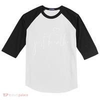 Just Breathe Simple Hand Lettered Calligraphy With A Heart Kids Colorblock Raglan Jersey thumb 0