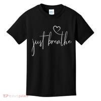 Just Breathe Simple Hand Lettered Calligraphy With A Heart Kids T-Shirt thumb 0