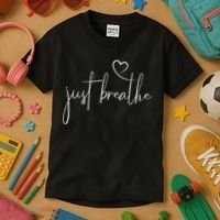 Just Breathe Simple Hand Lettered Calligraphy With A Heart Kids T-Shirt thumb 3
