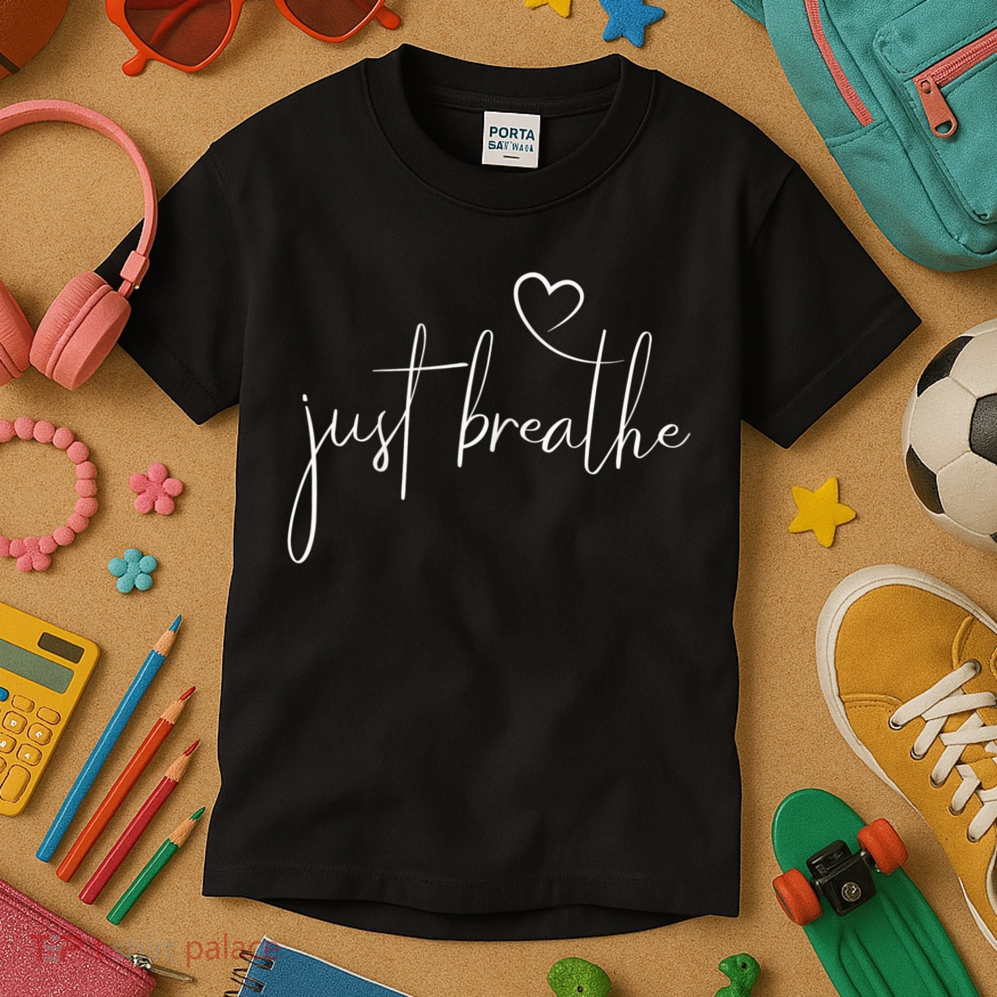 Just Breathe Simple Hand Lettered Calligraphy With A Heart Kids T-Shirt