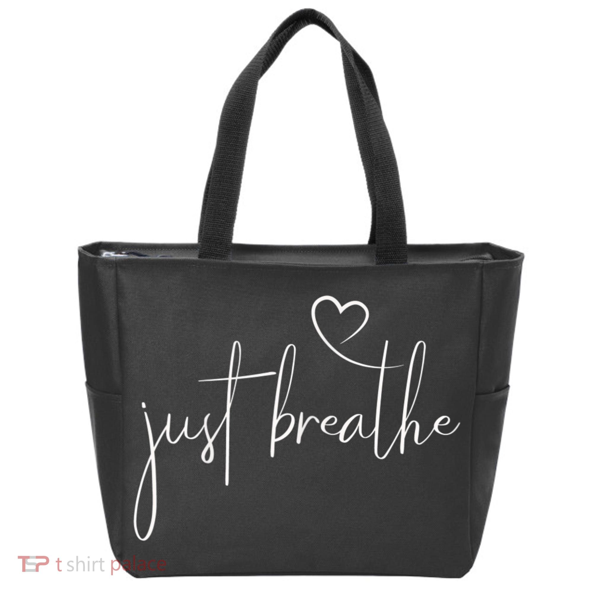 Just Breathe Simple Hand Lettered Calligraphy With A Heart Tote Bag