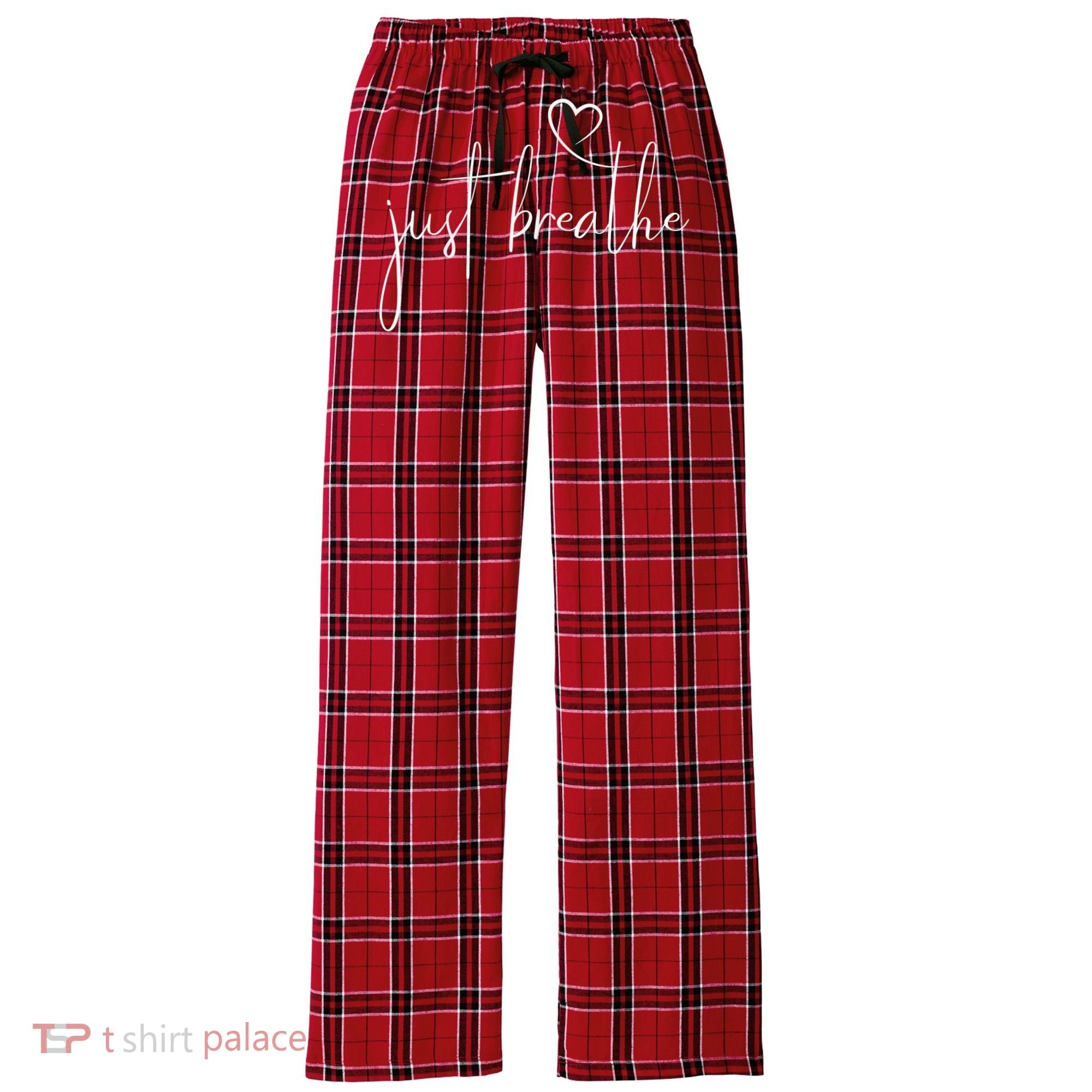 Just Breathe Simple Hand Lettered Calligraphy With A Heart Women's Flannel Plaid Pajama Pants