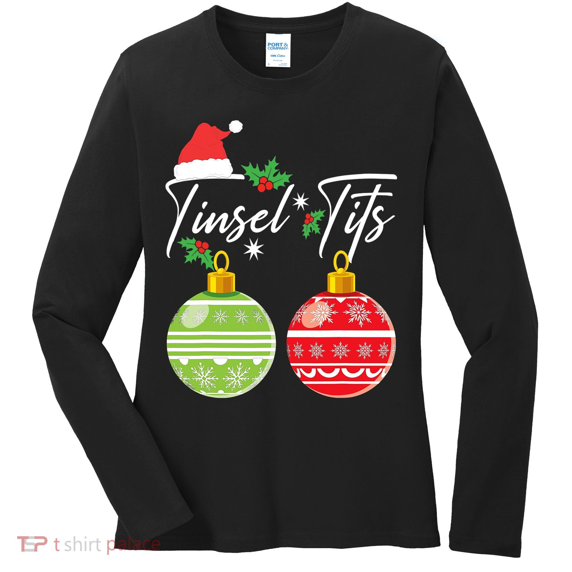 Jingle Balls Tinsel Tits Funny Christmas Matching Couple Women's Long Sleeve Shirt
