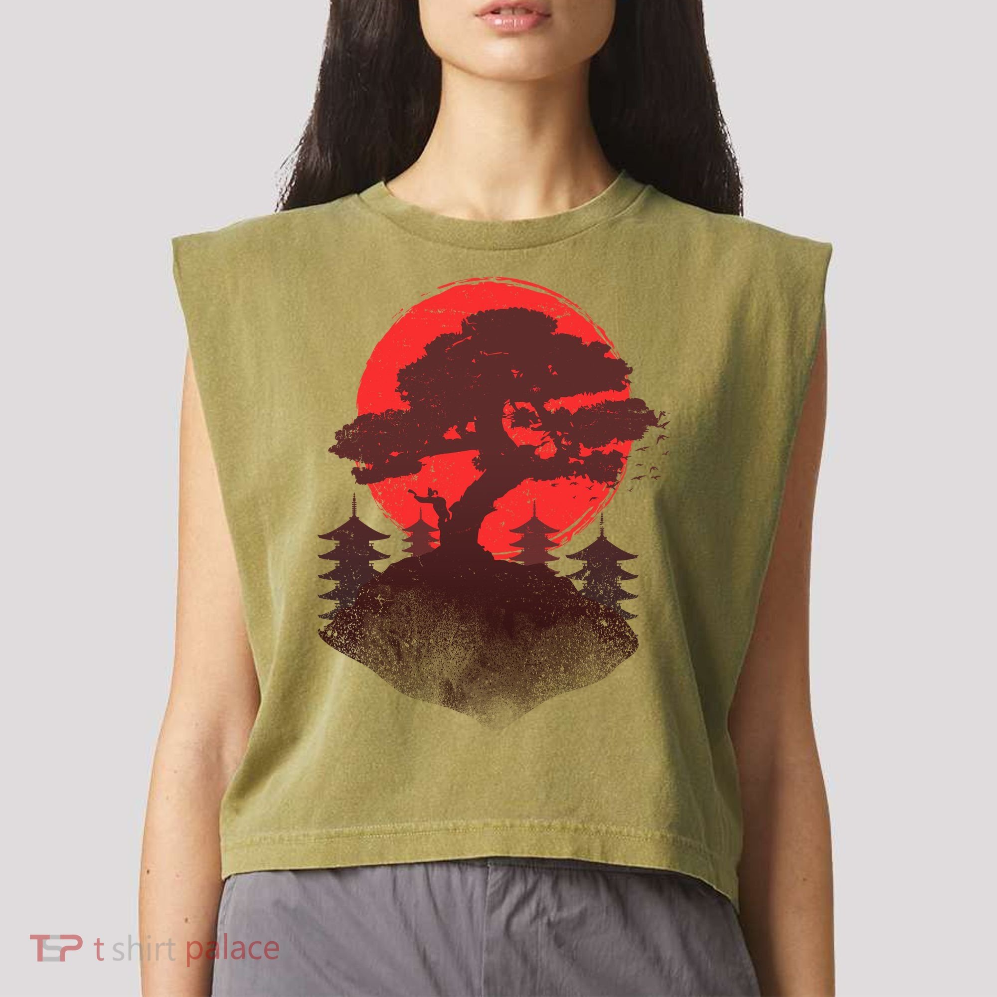 Japanese Bonsai Tree Scene Garment-Dyed Women's Muscle Tee