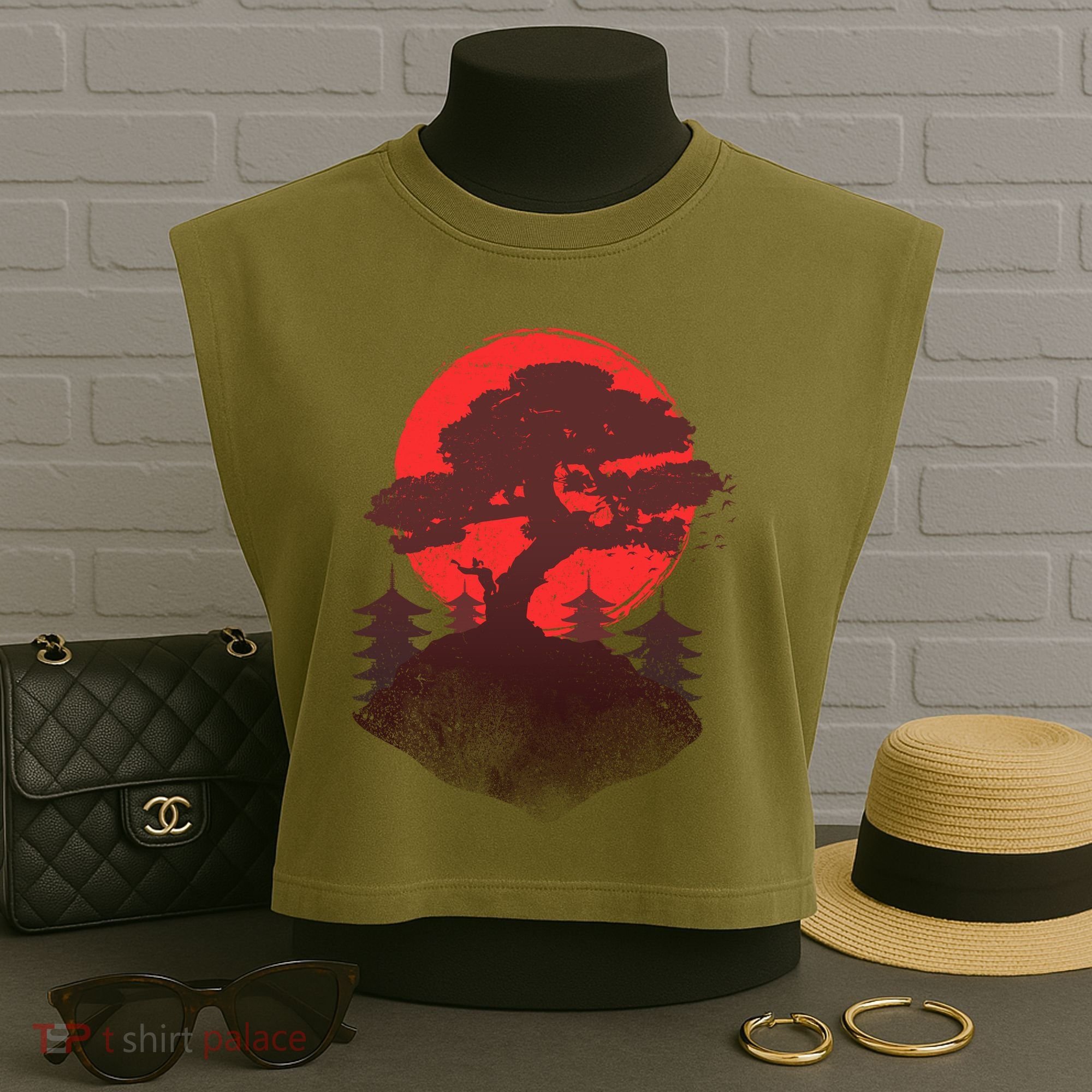 Japanese Bonsai Tree Scene Garment-Dyed Women's Muscle Tee