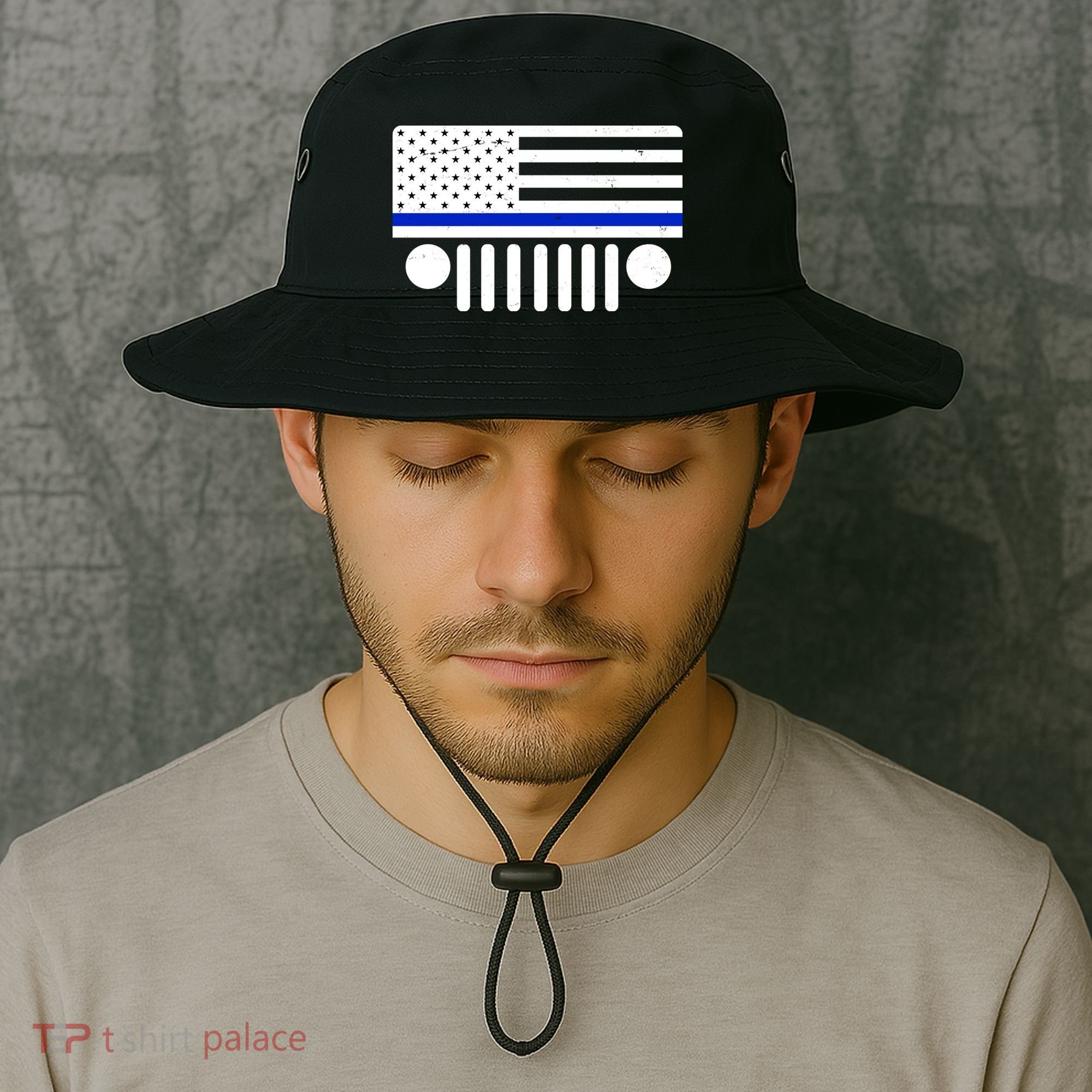 Blue Thin Line American Flag Car Off Roading Bucket Hat