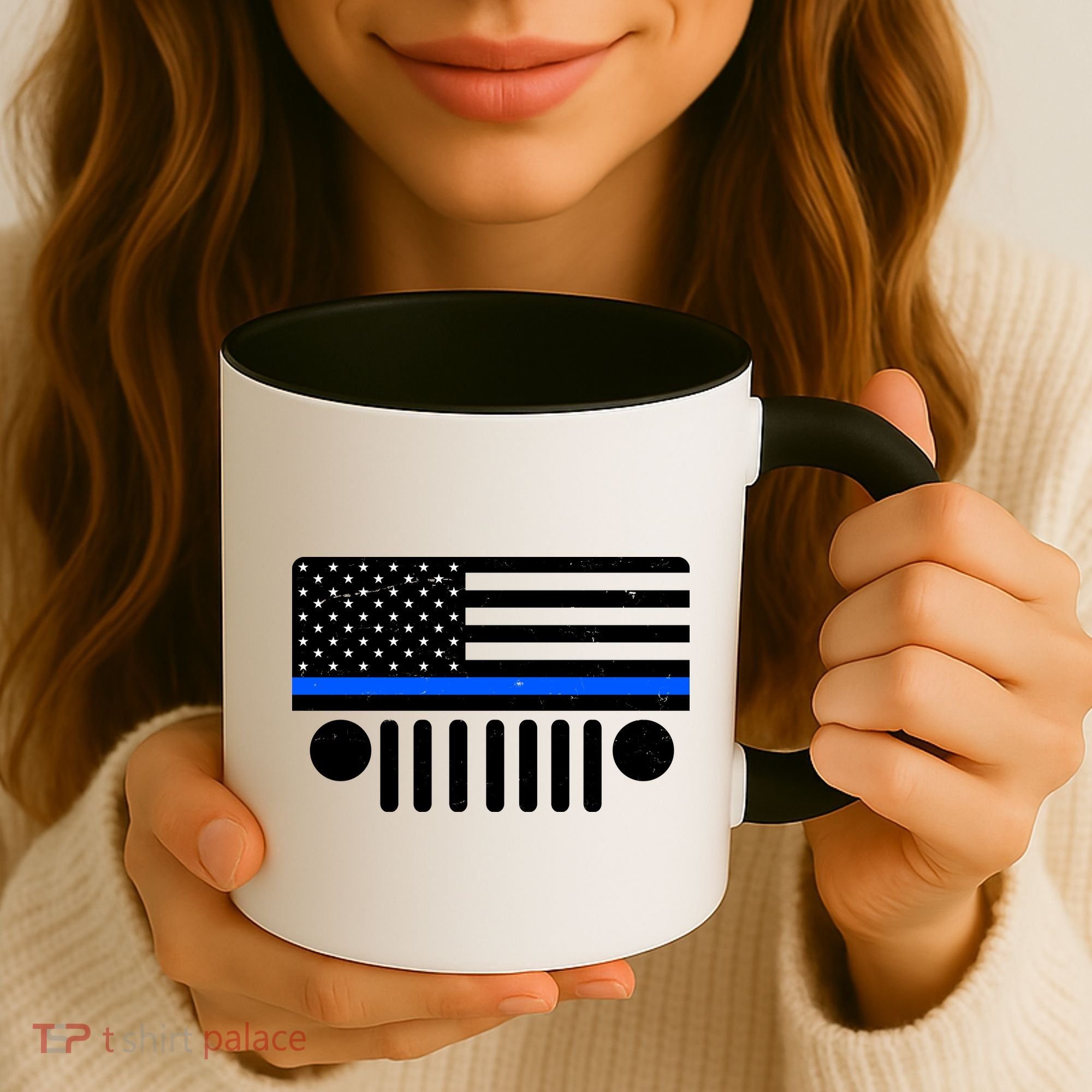 Blue Thin Line American Flag Car Off Roading Coffee Mug