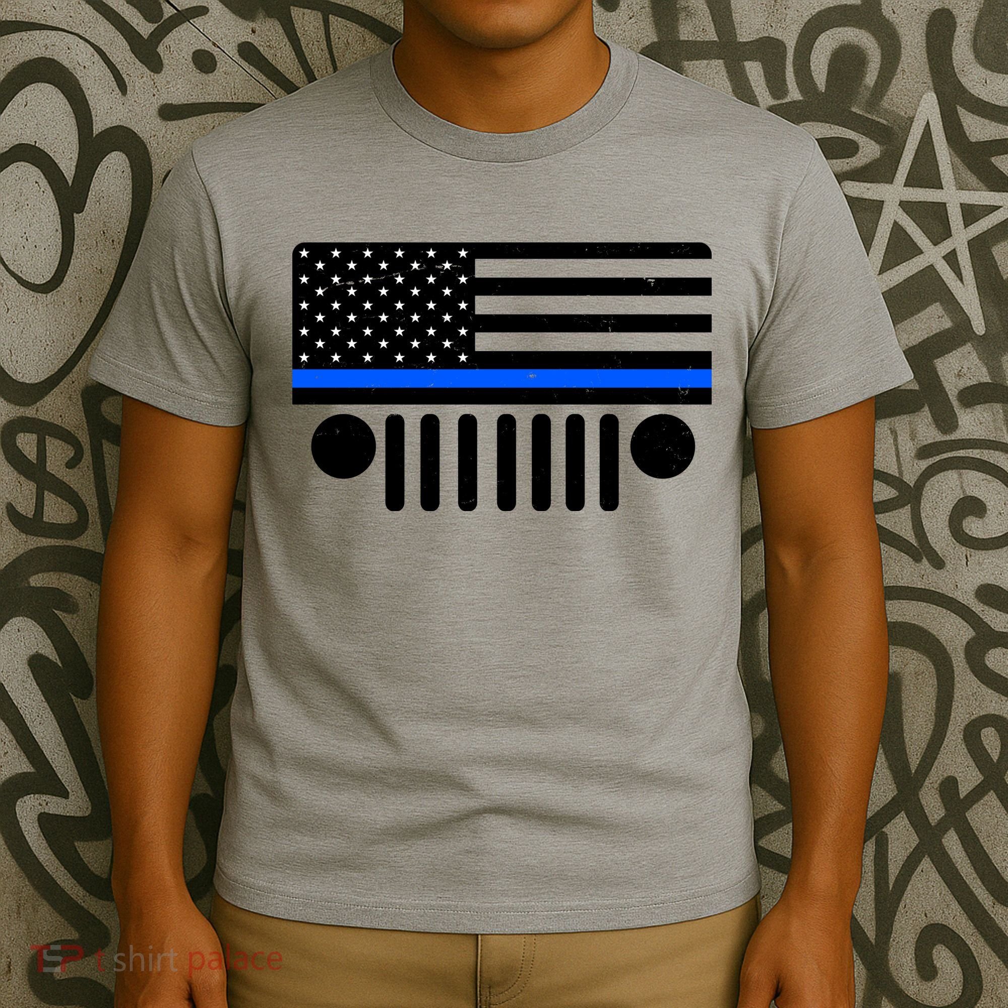 Blue Thin Line American Flag Car Off Roading T-Shirt