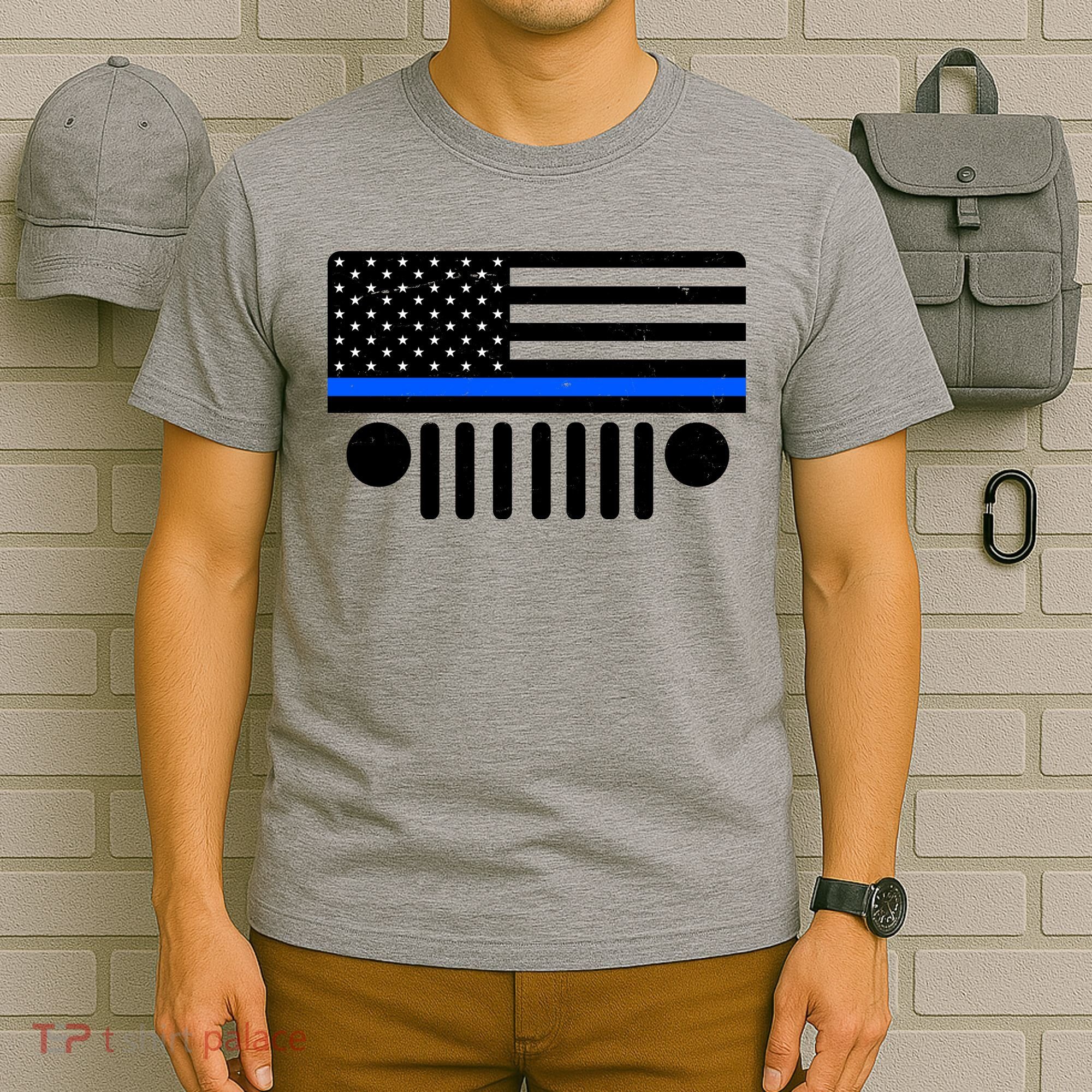 Blue Thin Line American Flag Car Off Roading T-Shirt