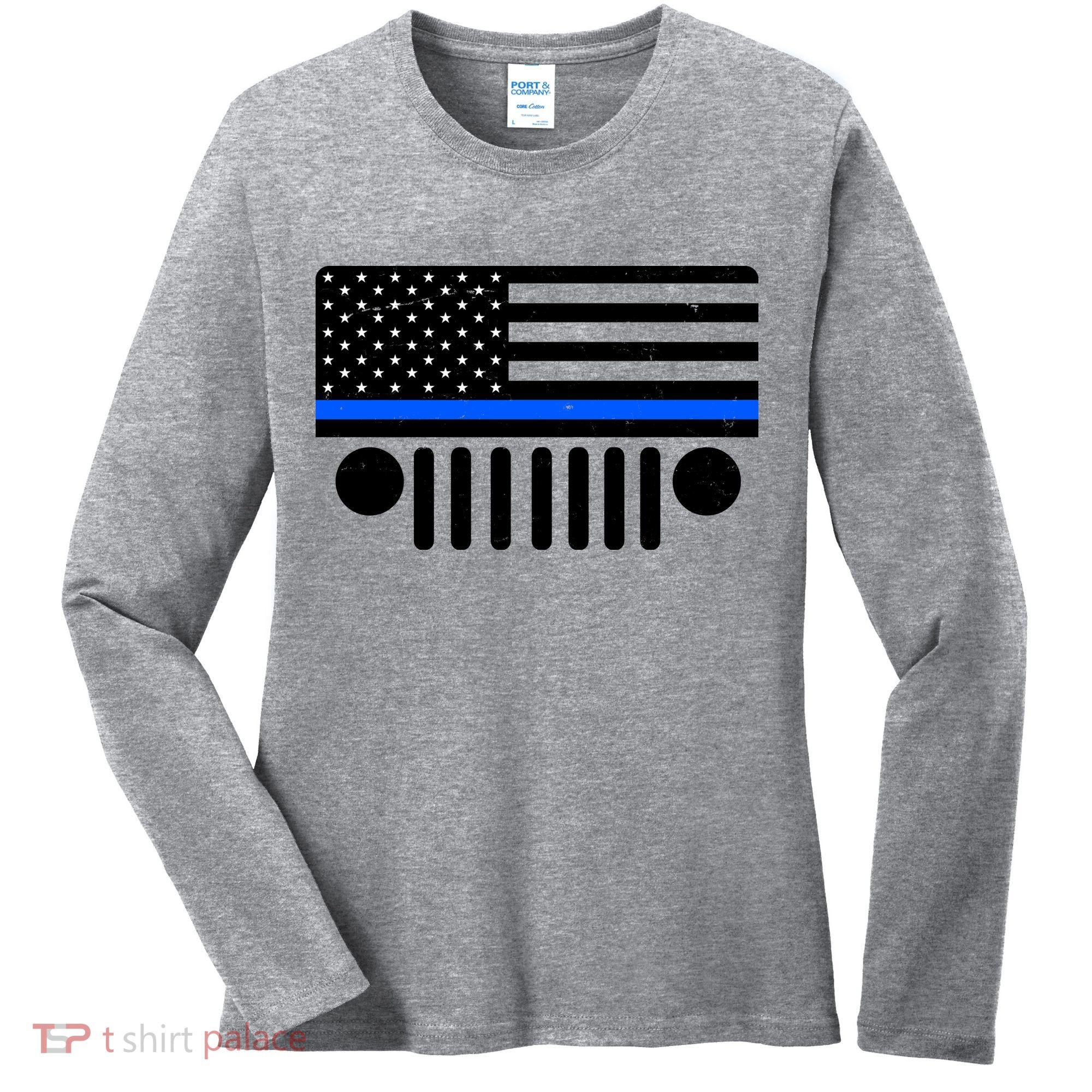 Blue Thin Line American Flag Car Off Roading Women's Long Sleeve Shirt