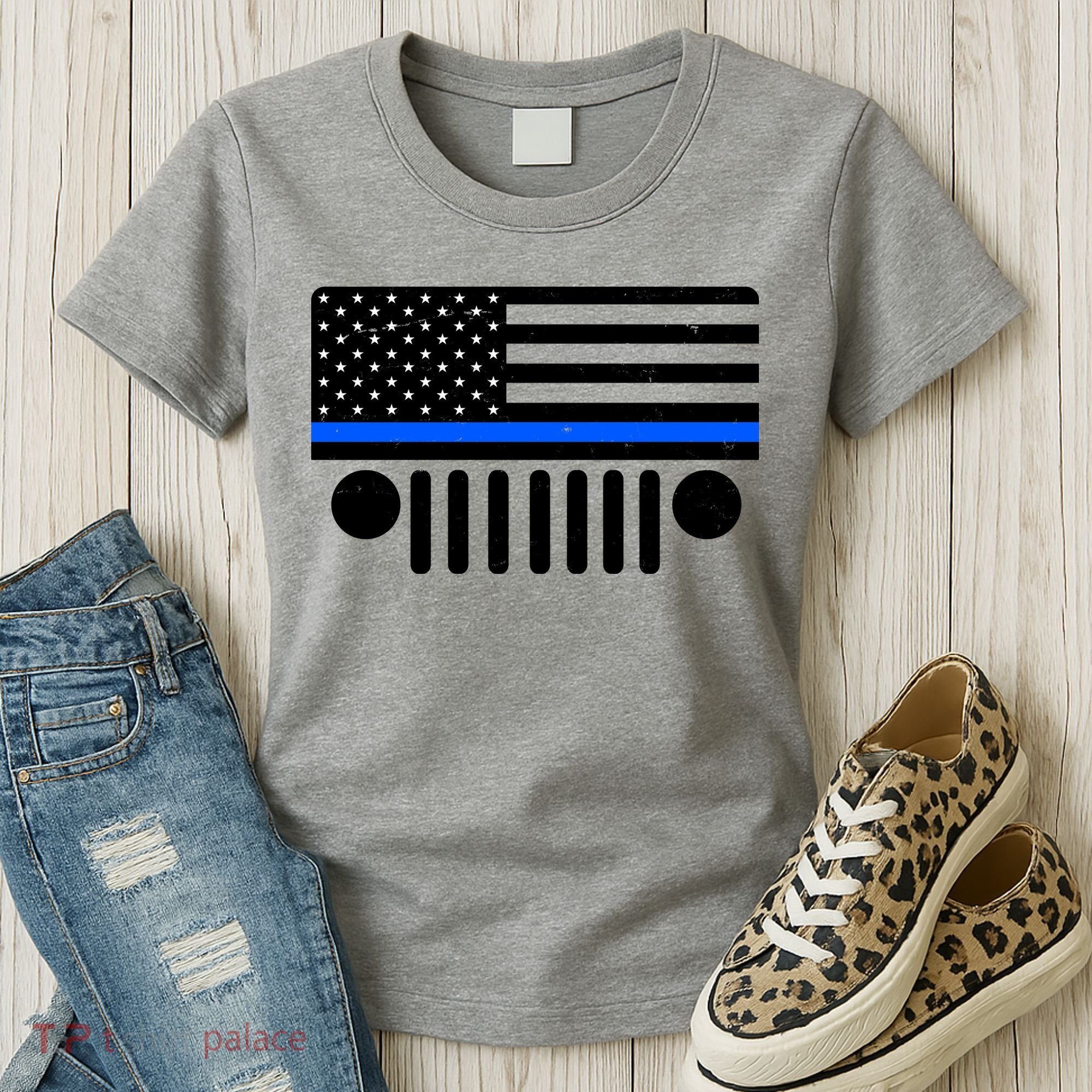 Blue Thin Line American Flag Car Off Roading Women's T-Shirt