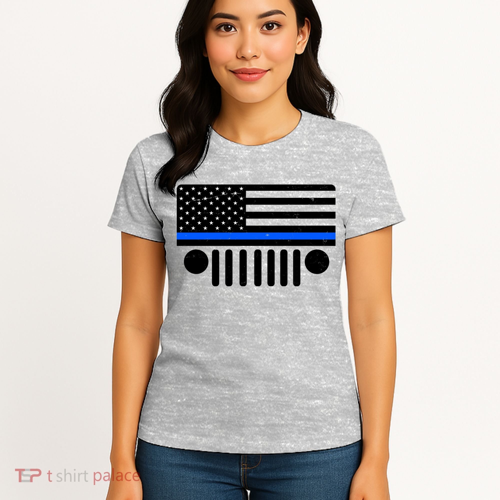 Blue Thin Line American Flag Car Off Roading Women's T-Shirt