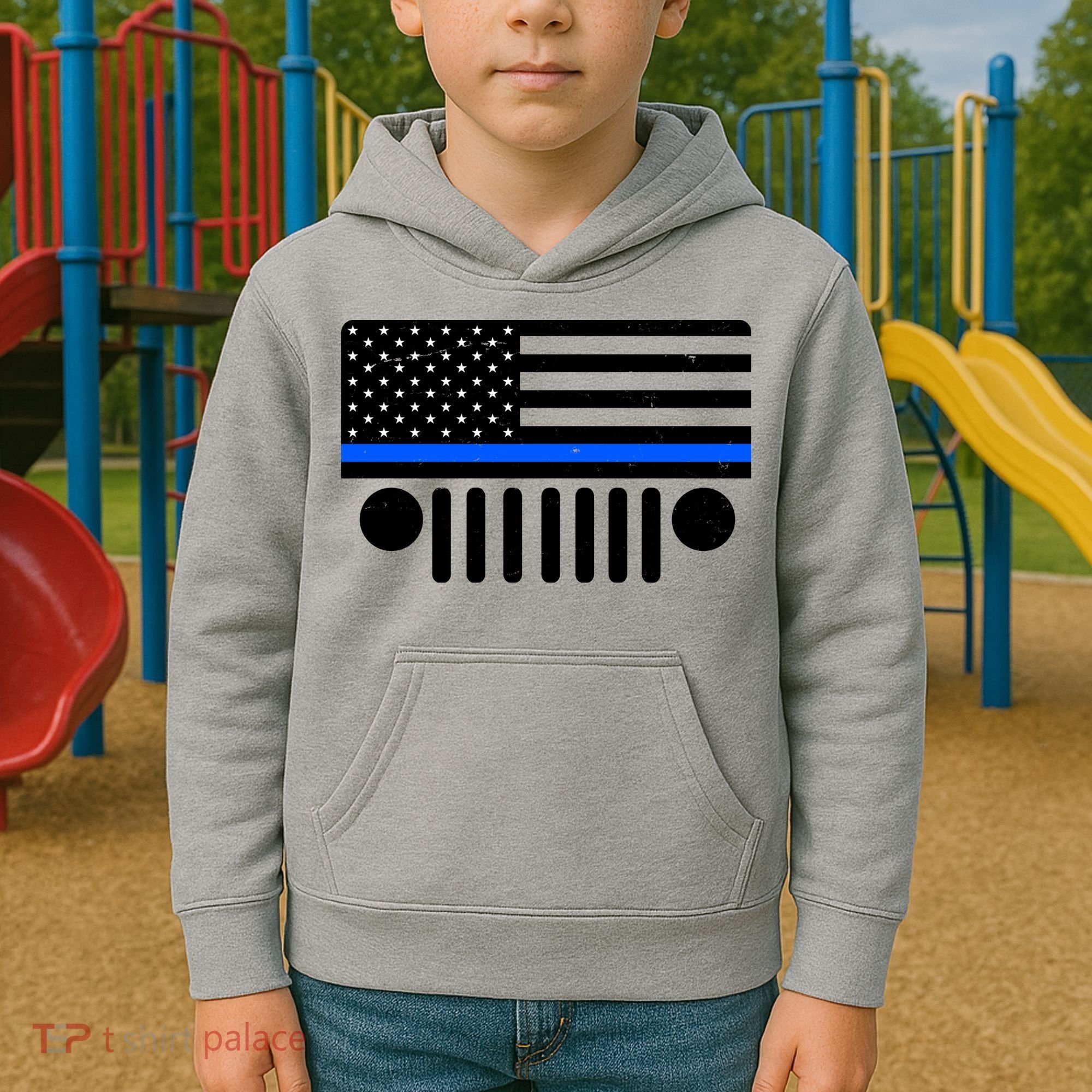 Blue Thin Line American Flag Car Off Roading Kids Hoodie