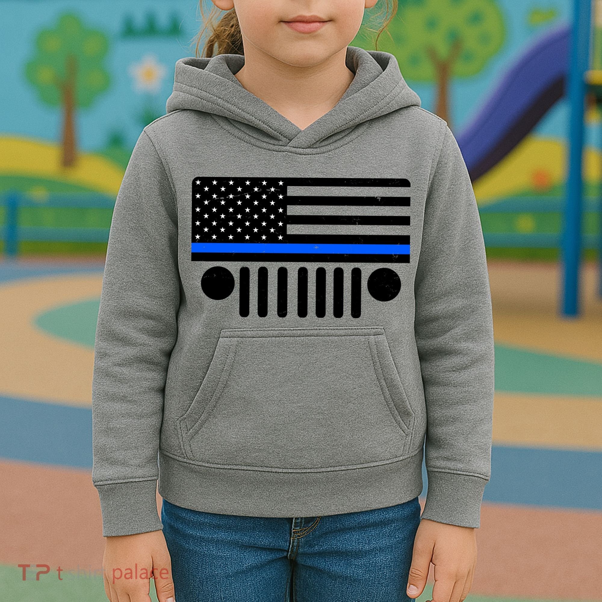 Blue Thin Line American Flag Car Off Roading Kids Hoodie