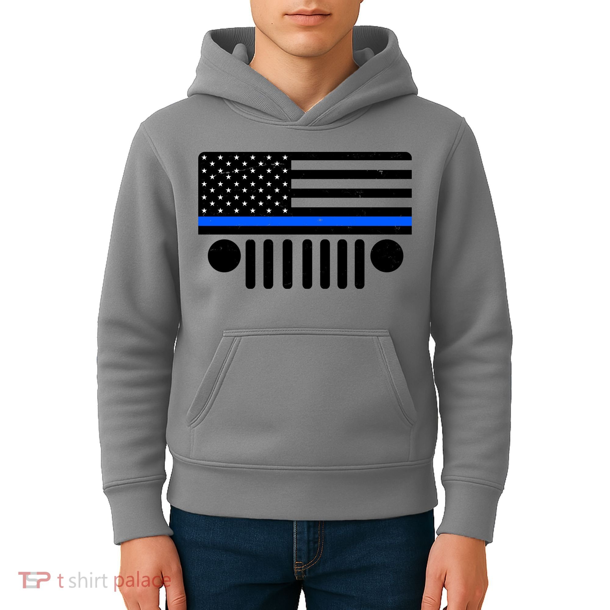 Blue Thin Line American Flag Car Off Roading Kids Hoodie