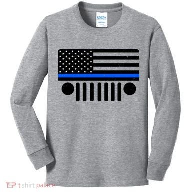 Blue Thin Line American Flag Car Off Roading Kids Long Sleeve Shirt