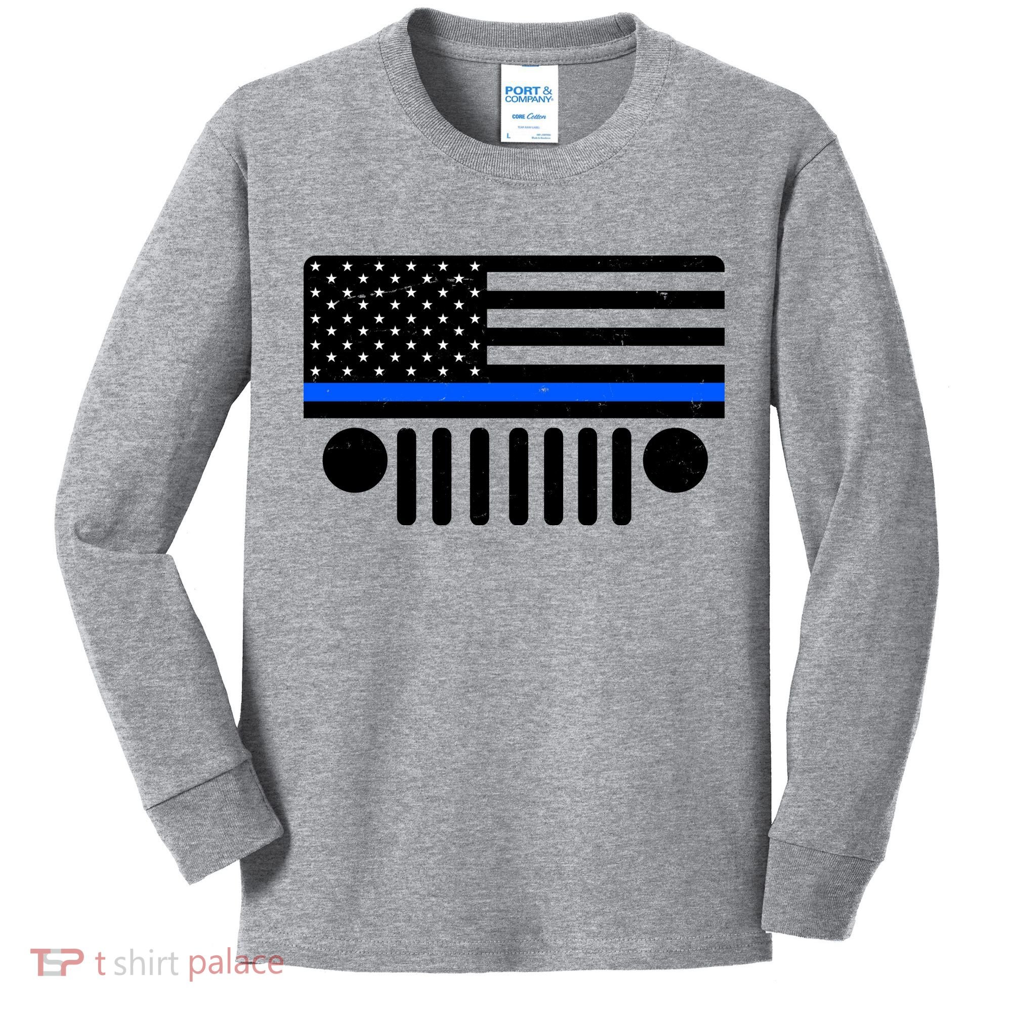 Blue Thin Line American Flag Car Off Roading Kids Long Sleeve Shirt