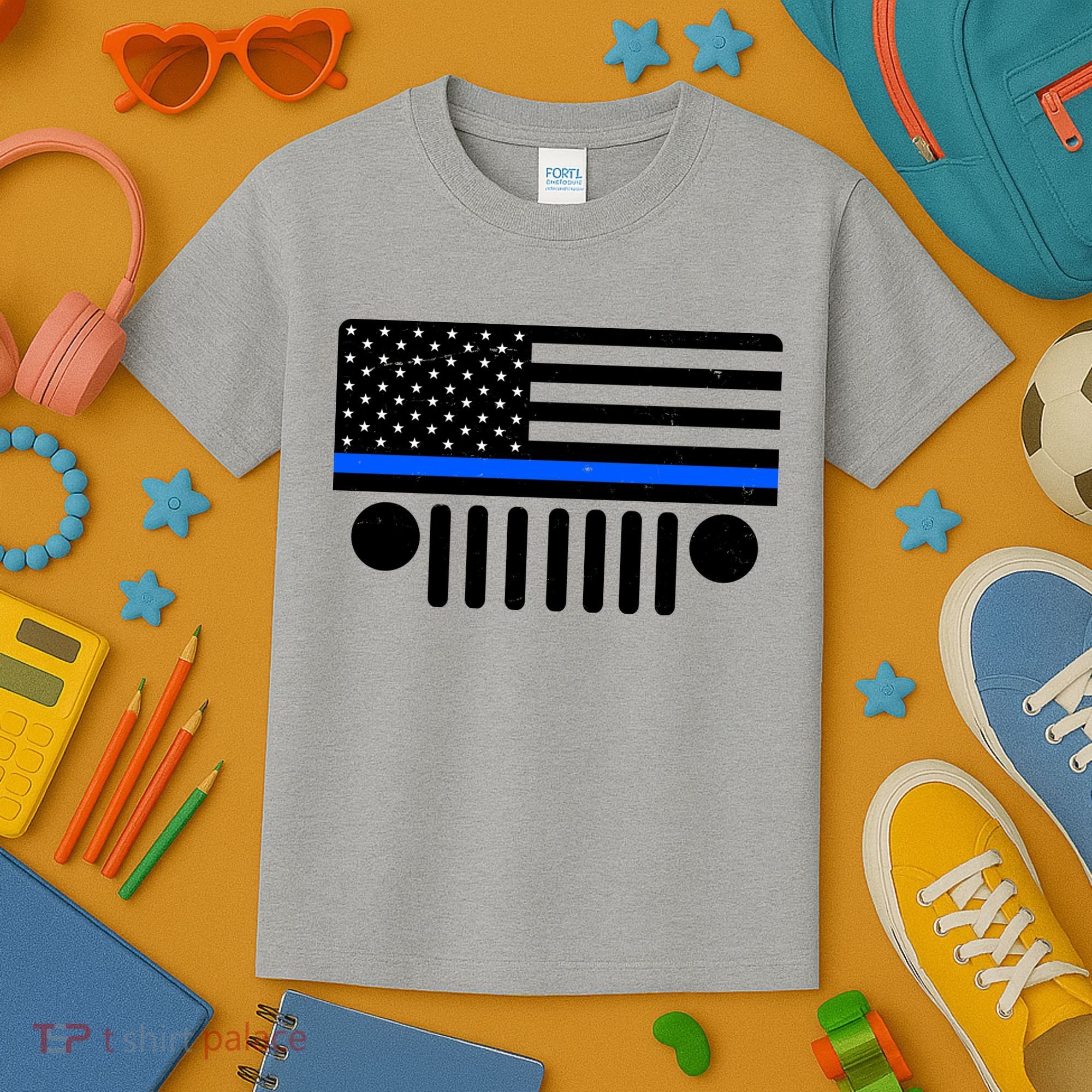 Blue Thin Line American Flag Car Off Roading Kids T-Shirt