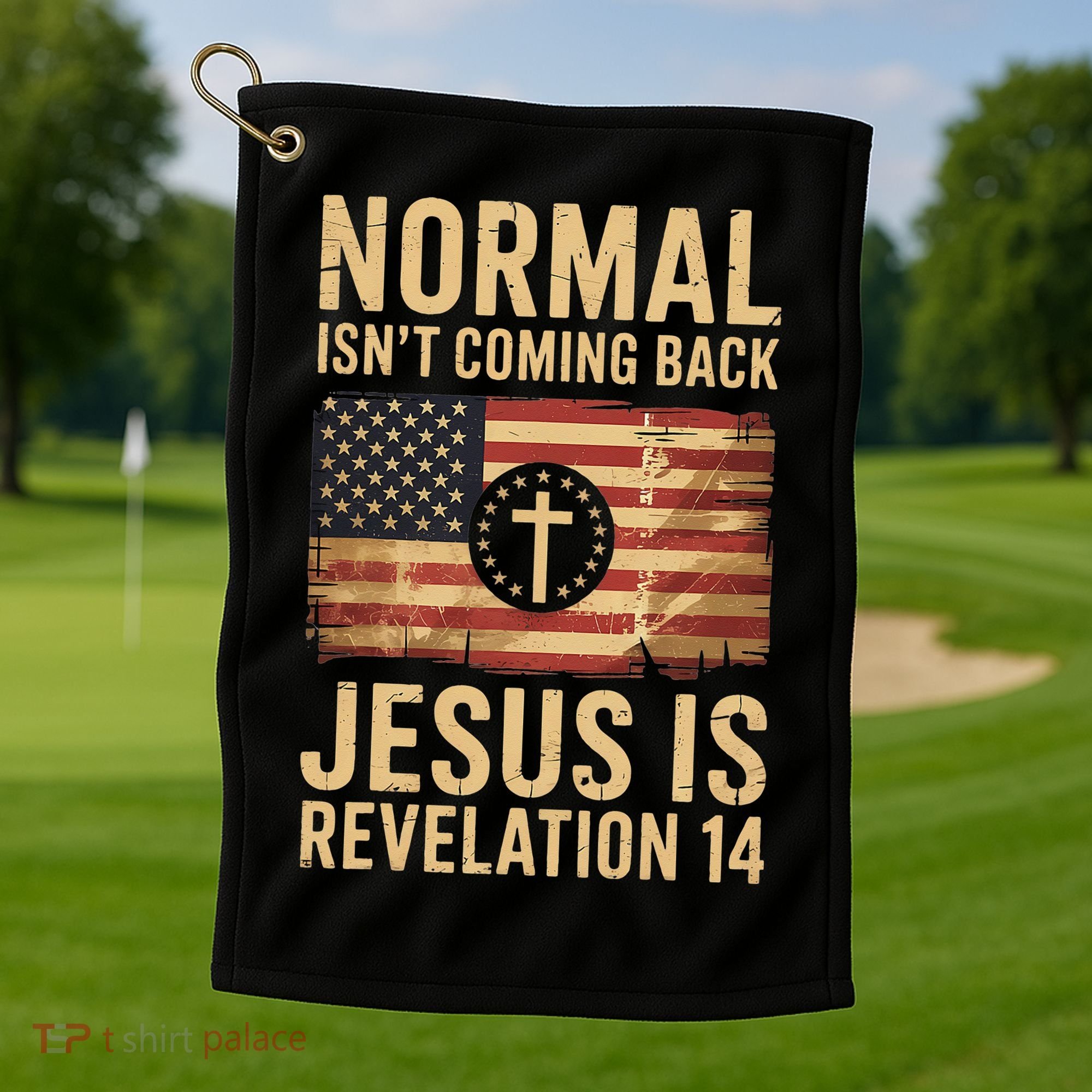 Jesus Christian American Flag Revelation 14 USA Golf Towel