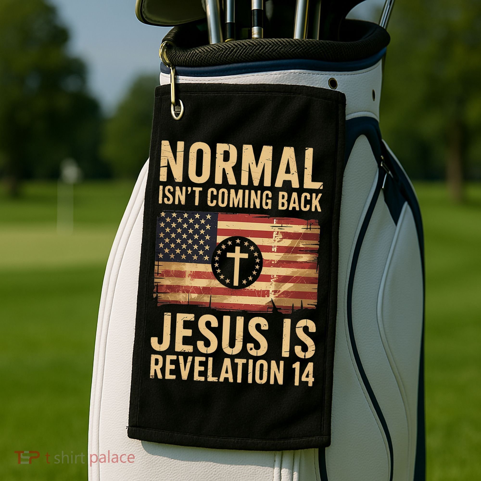 Jesus Christian American Flag Revelation 14 USA Golf Towel