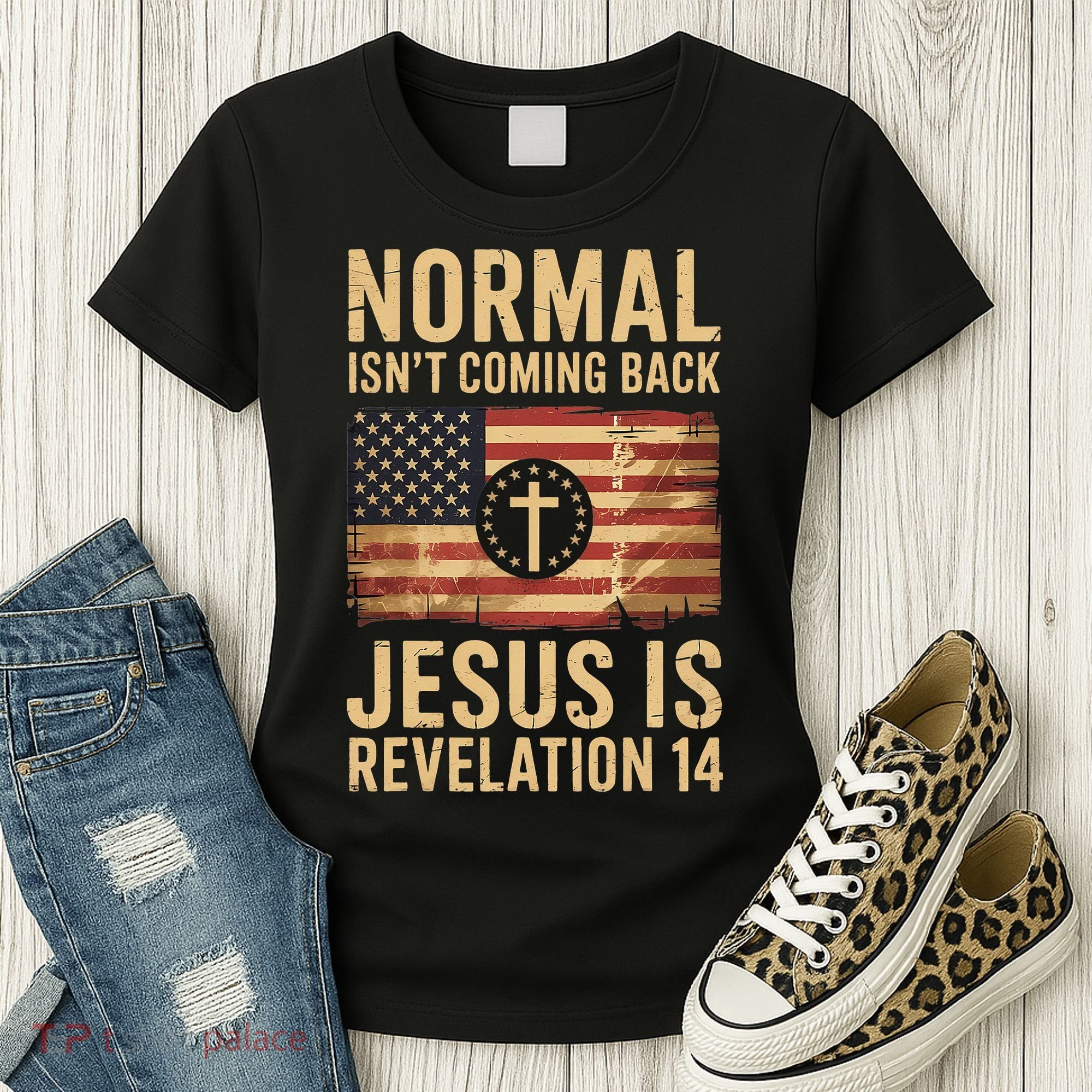Jesus Christian American Flag Revelation 14 USA Women's T-Shirt