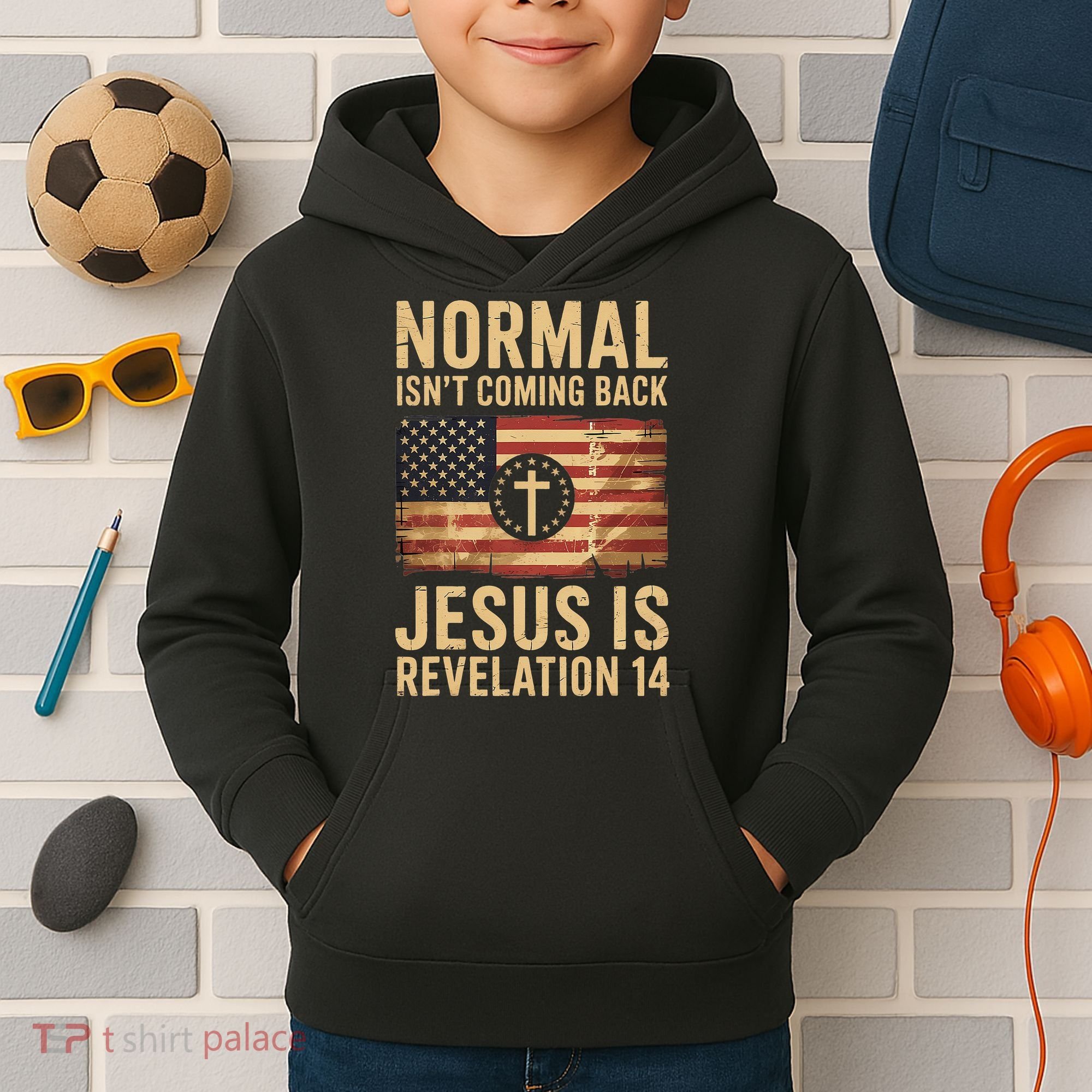 Jesus Christian American Flag Revelation 14 USA Kids Hoodie