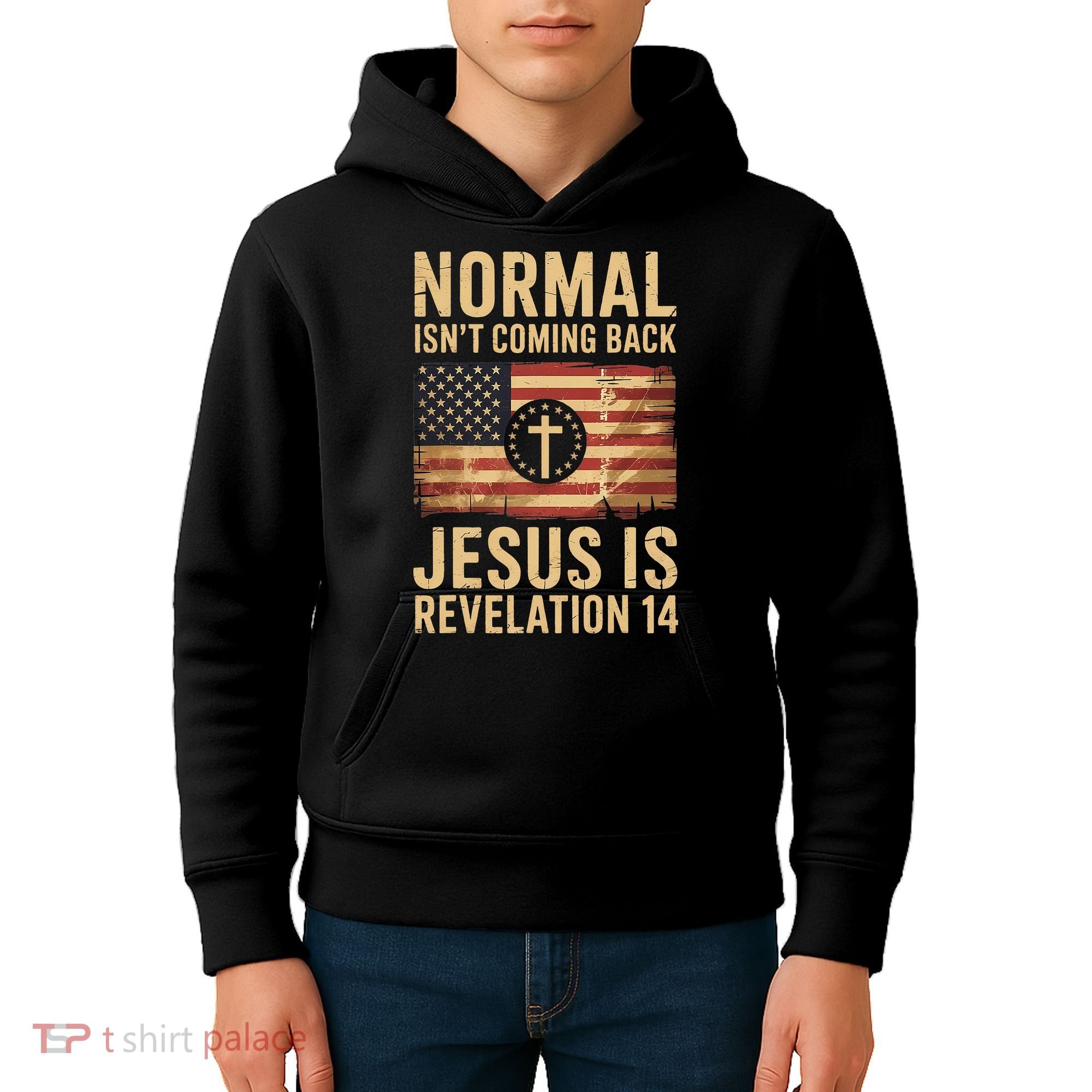 Jesus Christian American Flag Revelation 14 USA Kids Hoodie