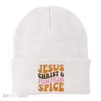 Jesus Christ And Pumpkin Spice Retro Groovy Christianity Beanie thumb 0