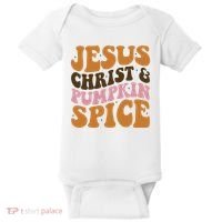 Jesus Christ And Pumpkin Spice Retro Groovy Christianity Baby Bodysuit thumb 0